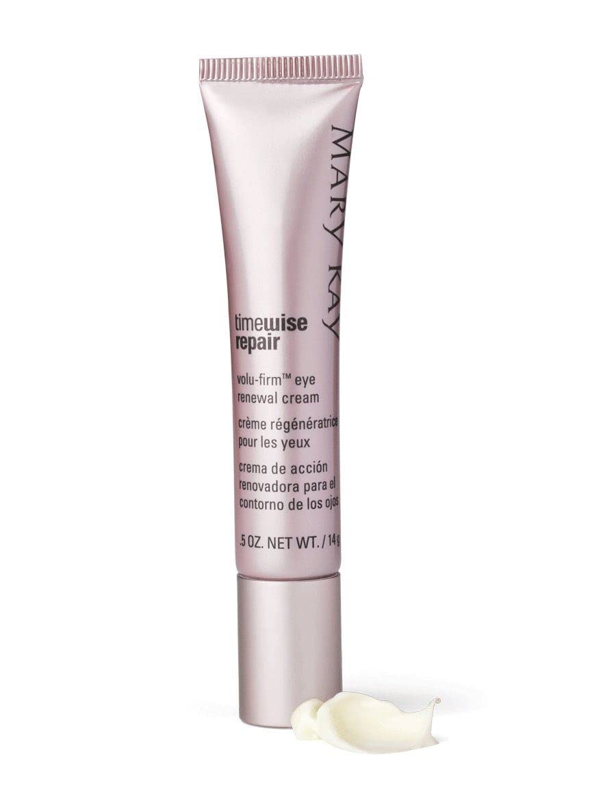 Mary Kay TimeWise Repair Volu-Firm Eye Renewal Cream packaging on display highlighting 12-hour moisture.