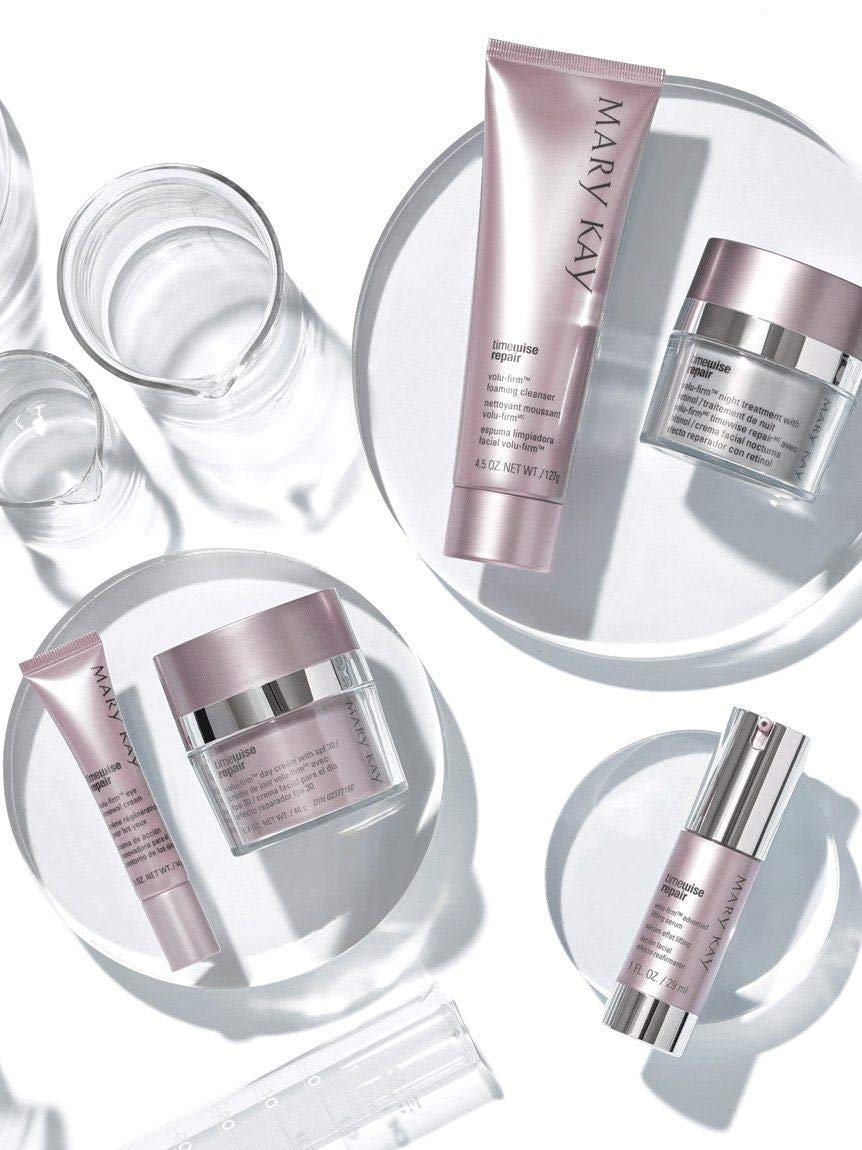Mary Kay TimeWise Repair Volu-Firm Eye Renewal Cream texture swatch shows rich, hydrating cream for dry skin.