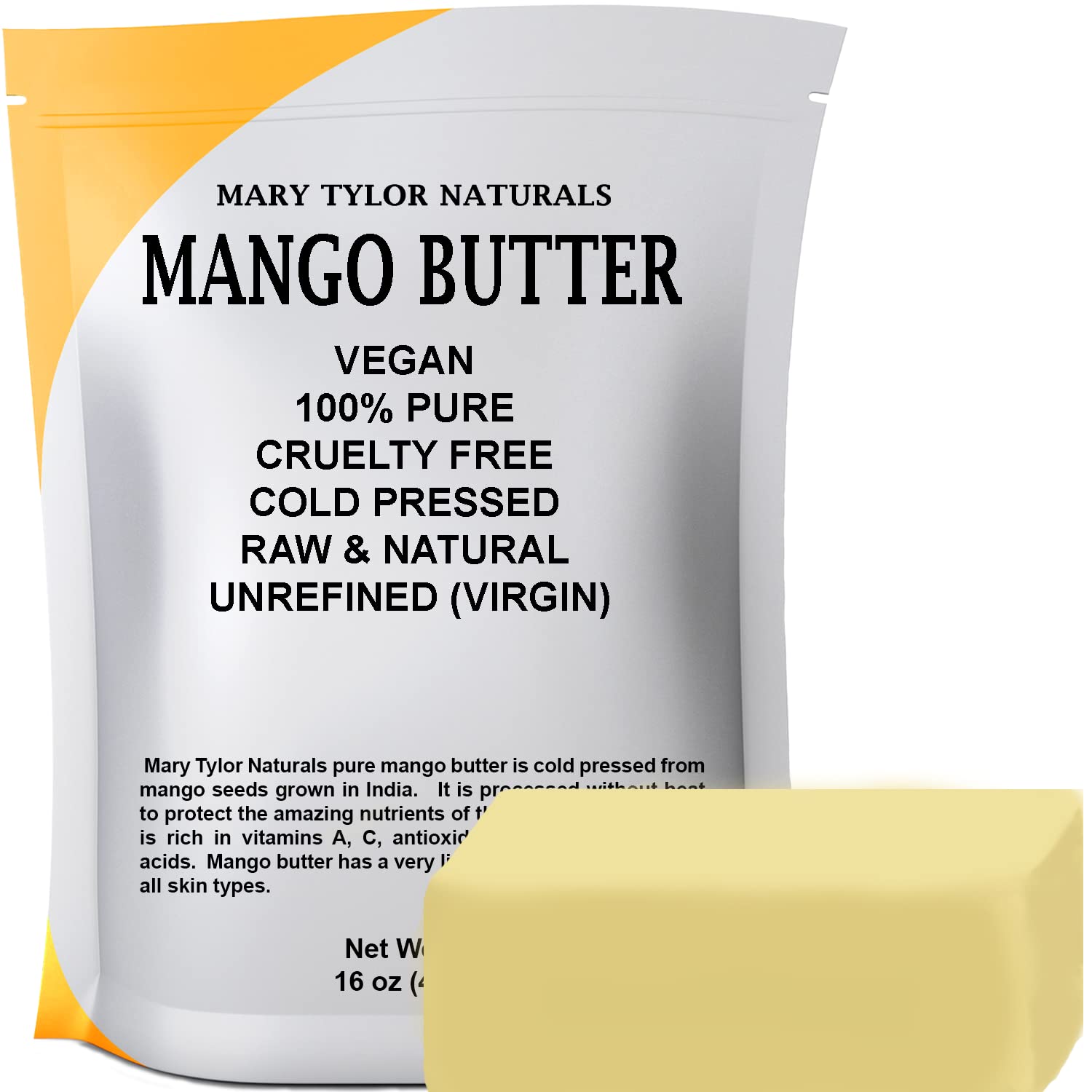 Mary Tylor Naturals mango butter 1lb block shows pure, raw moisture for daily skin care.