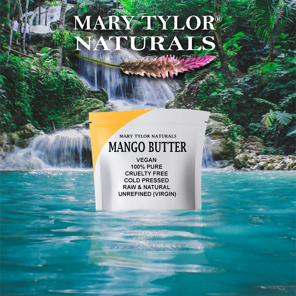 Mary Tylor Naturals mango butter used on hair for scalp care and shine.