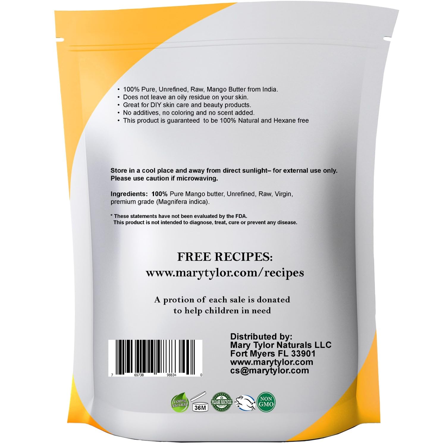 Mary Tylor Naturals mango butter with fruit imagery suggests natural nourishment for dry skin.