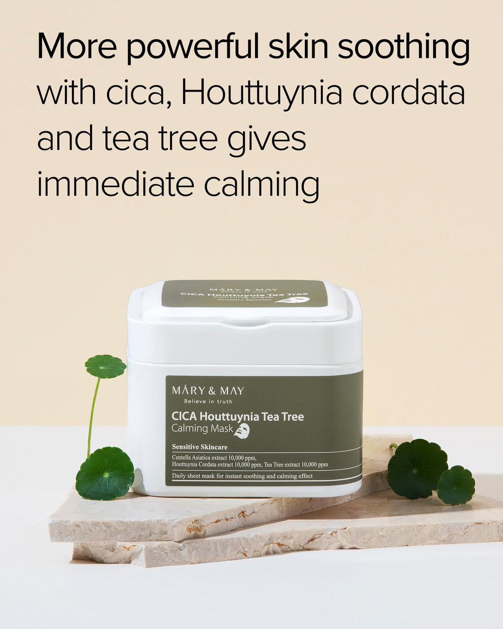 Mary&May mask ingredients highlight cica, houttuynia, and tea tree for soothing care.