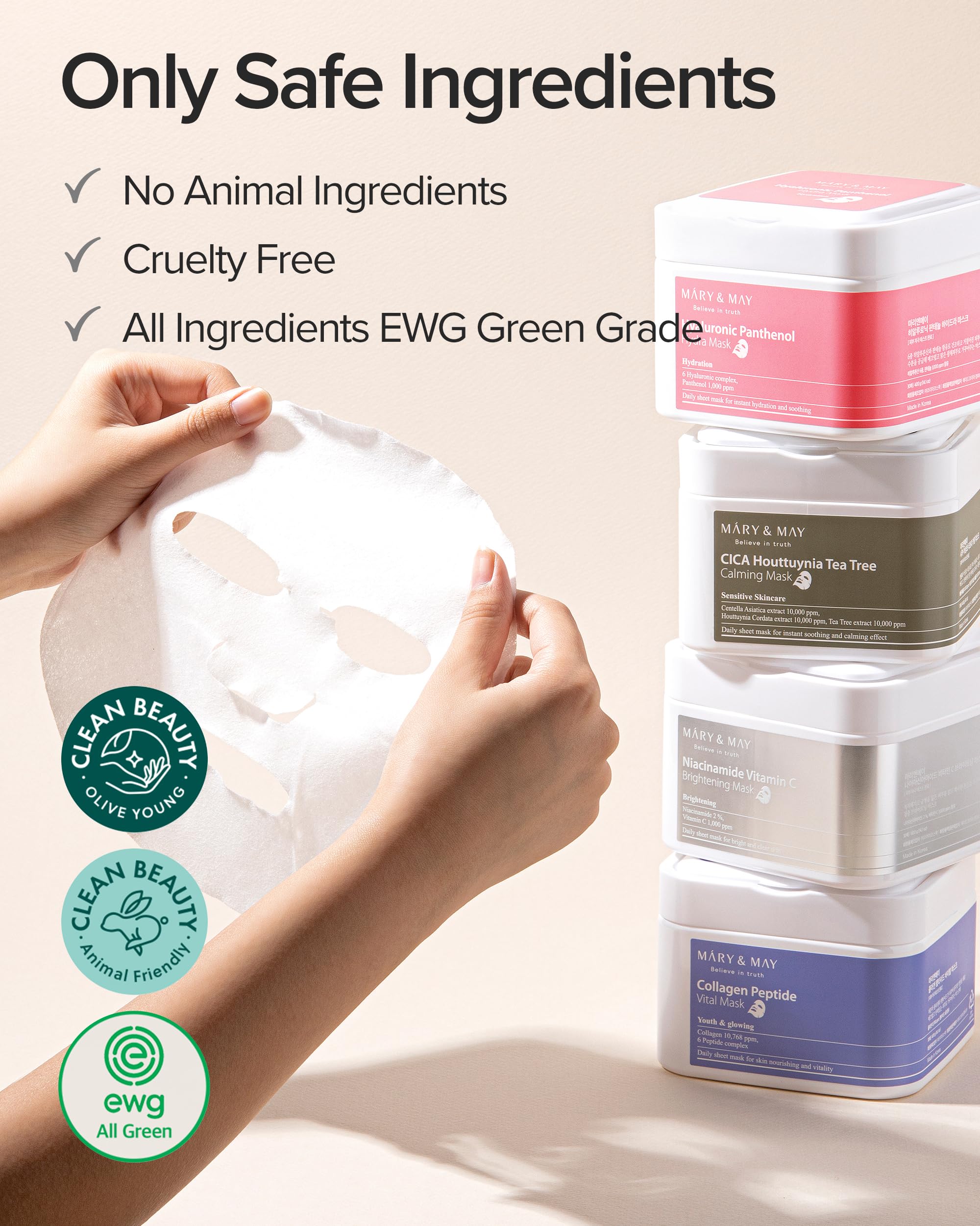 Mary&May Collagen Peptide Vital Mask dermatologist-tested badge signals skin safe daily use