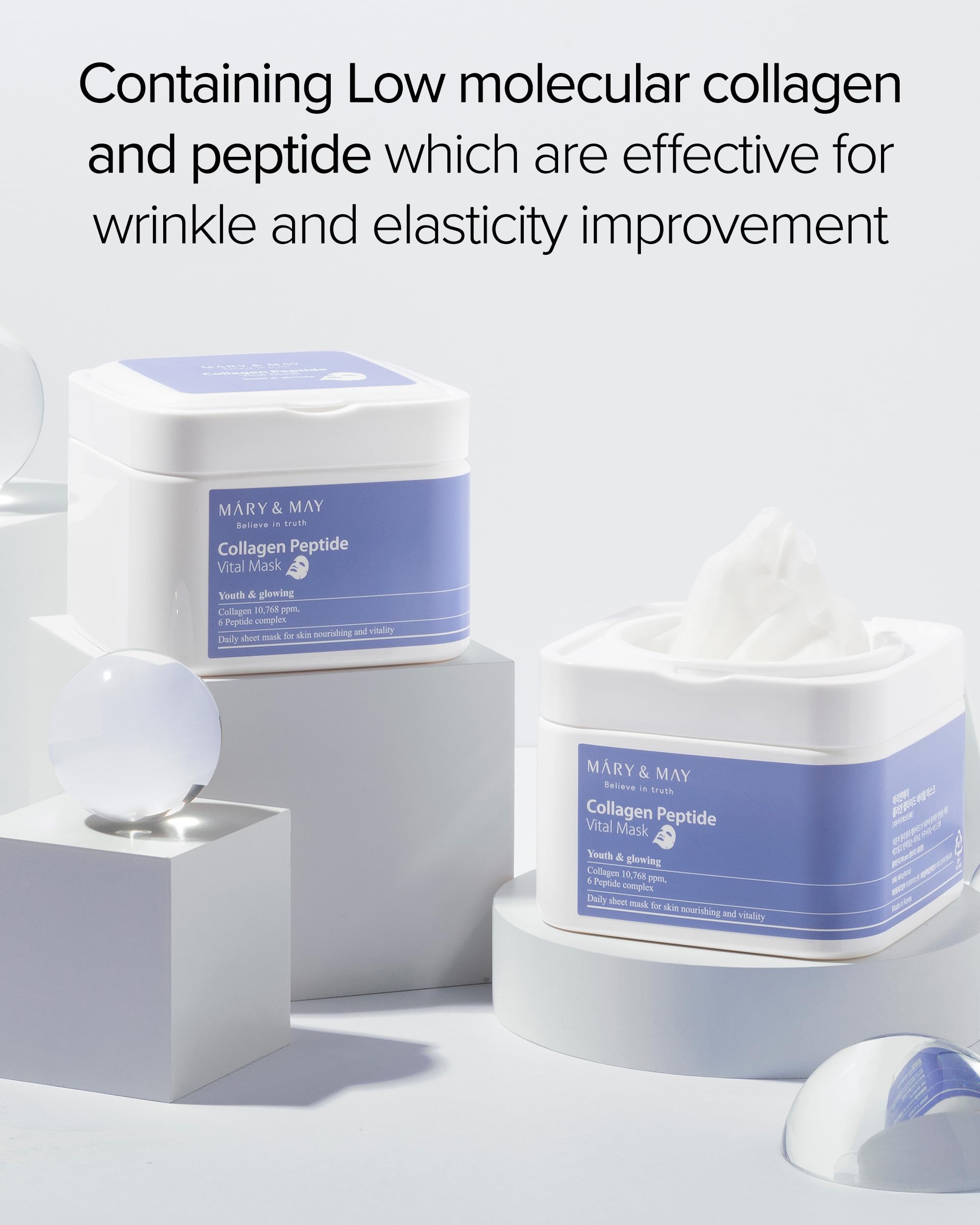 Mary&May Collagen Peptide Vital Mask hydration image suggests lasting moisture for plump skin