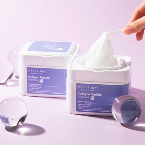 Mary&May Collagen Peptide Vital Mask sheet closeup emphasizes smooth texture for radiant skin