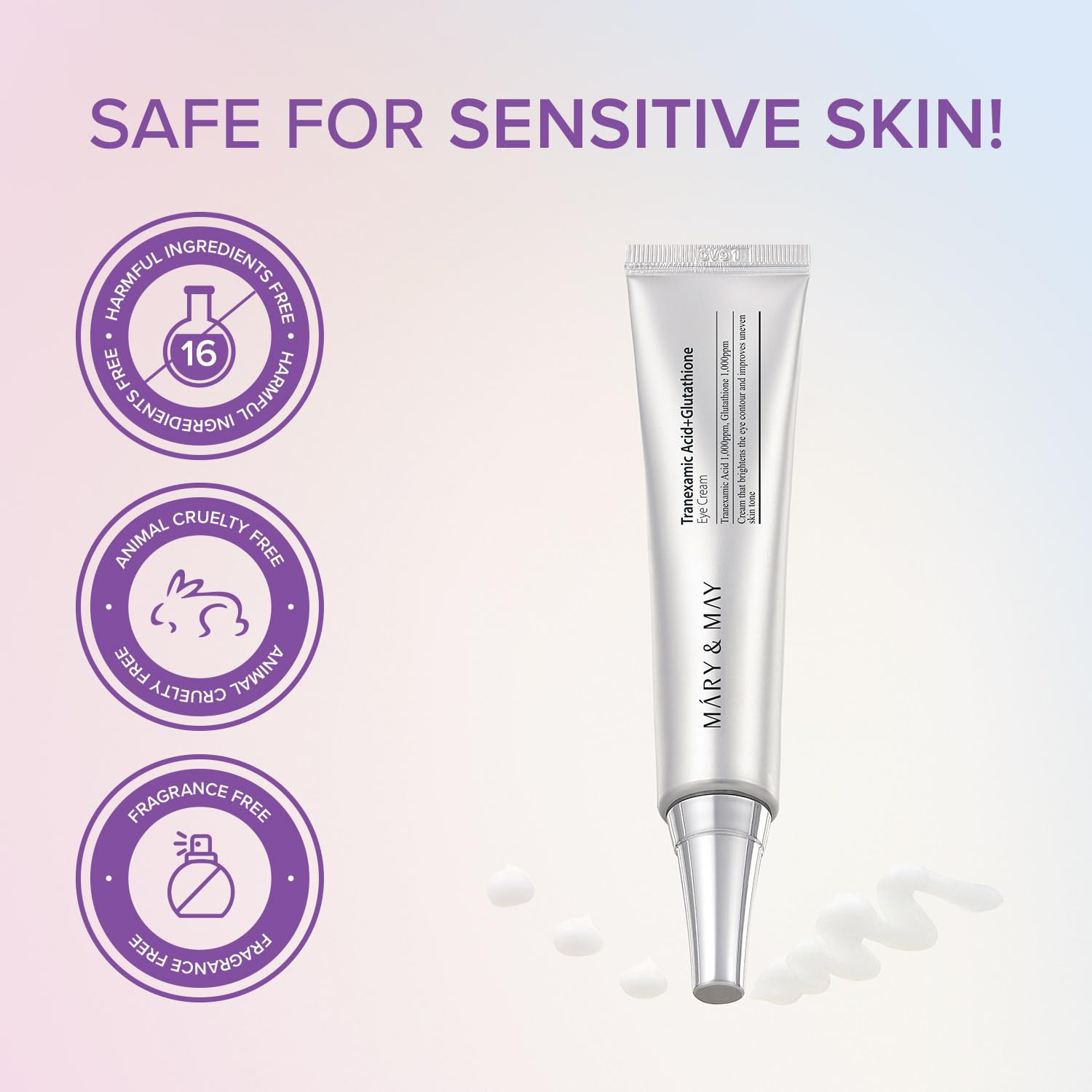 Mary&May fragrance-free dermatologist-tested label close-up confirms safe use.