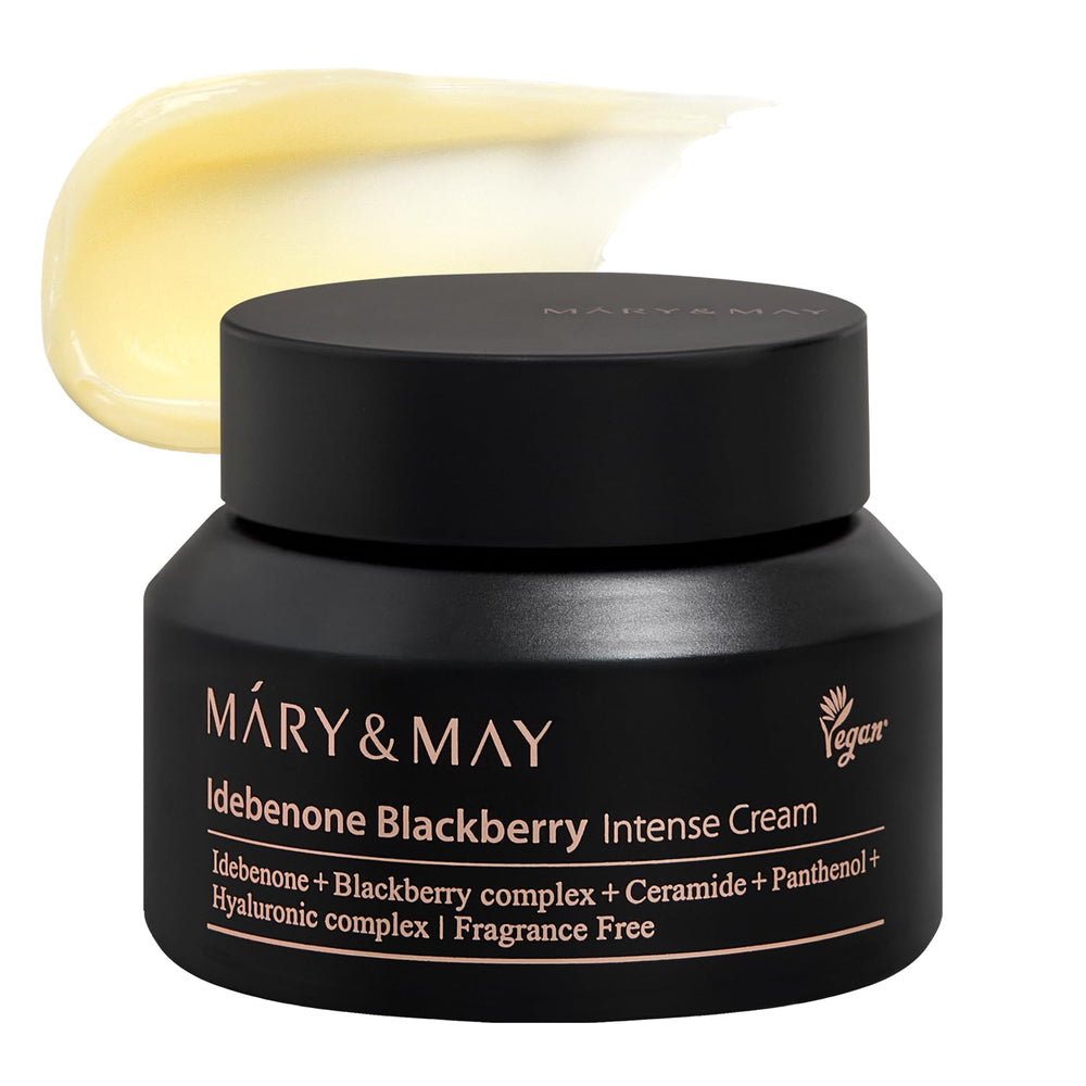 Mary&May Idebenone Blackberry Cream bottle close-up highlighting antioxidant protection.