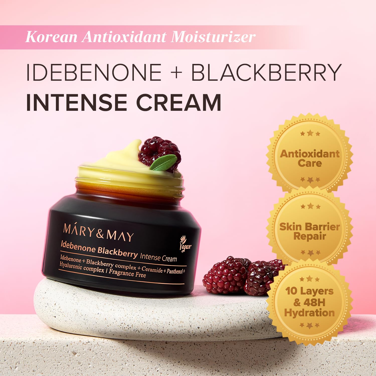 Mary&May Idebenone Blackberry Cream jar open showcasing rich, nourishing texture and hydration.