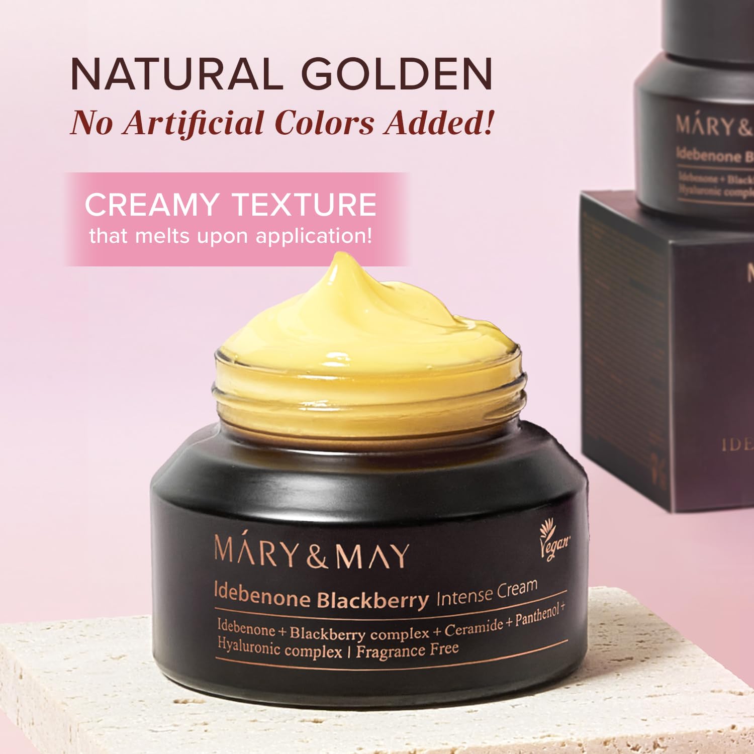 Mary&May Idebenone Blackberry Cream on dry skin during night routine.