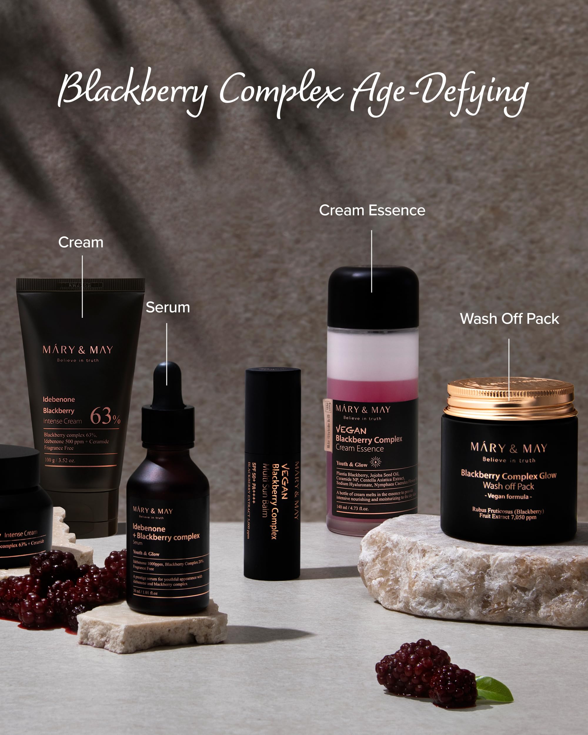Mary&May Idebenone Blackberry Cream packaging and branding emphasizing premium skincare.