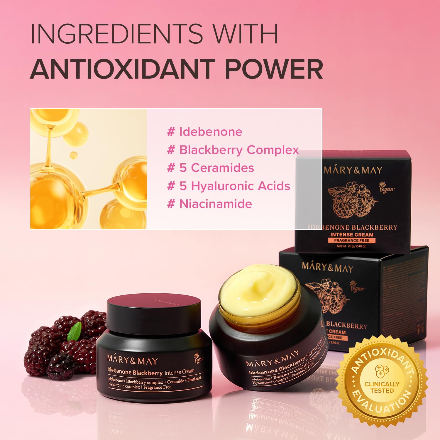 Mary&May Idebenone Blackberry Cream packaging highlighting premium Korean formula.