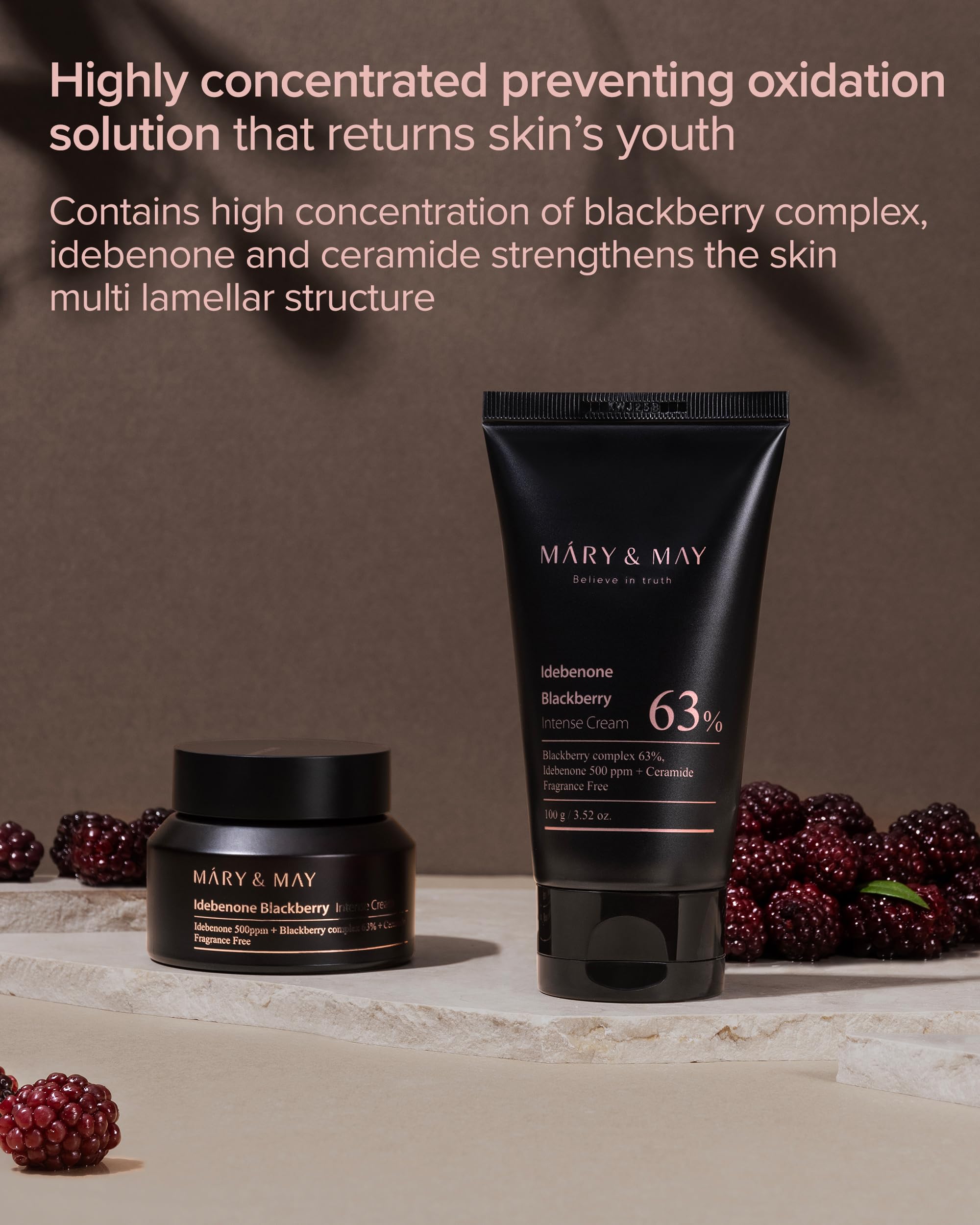 Mary&May Idebenone Blackberry Cream swatch on skin highlighting plumpness and glow.