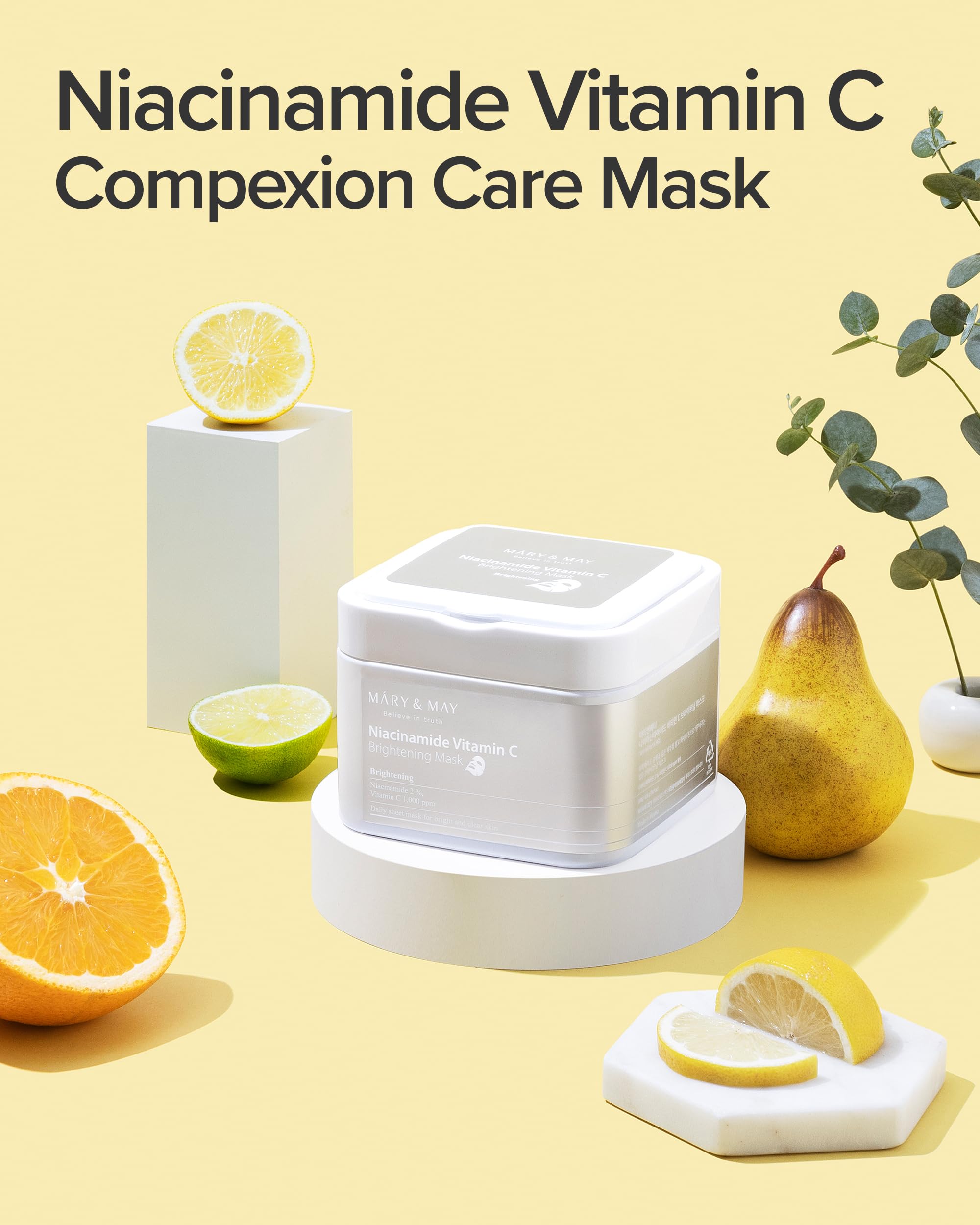 Mary&May Niacinamide Vitamin C Mask sheet unfolded highlighting easy daily-use care for even tone.