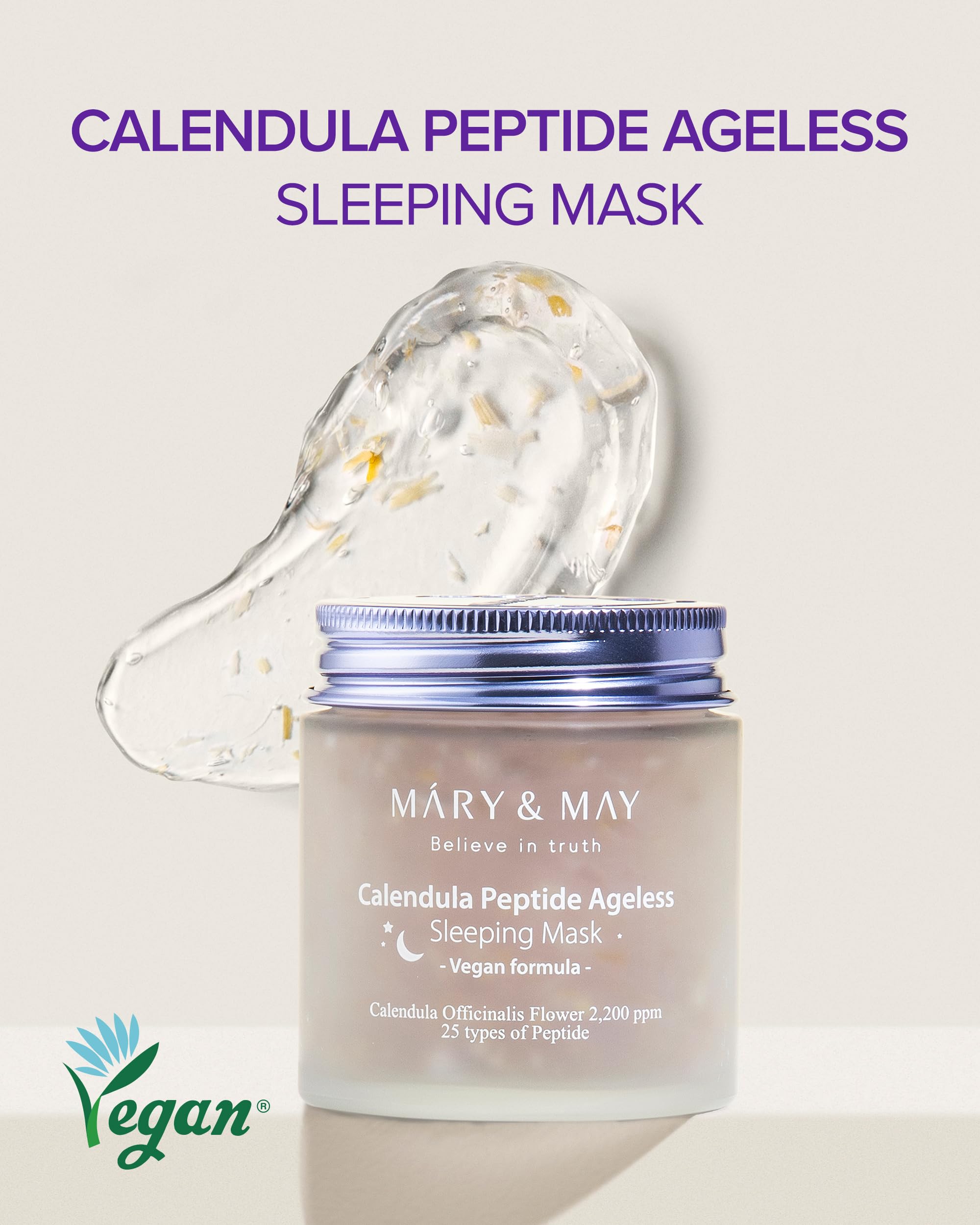 Mary&May sleeping mask jar highlights vegan formula with soothing hydration.