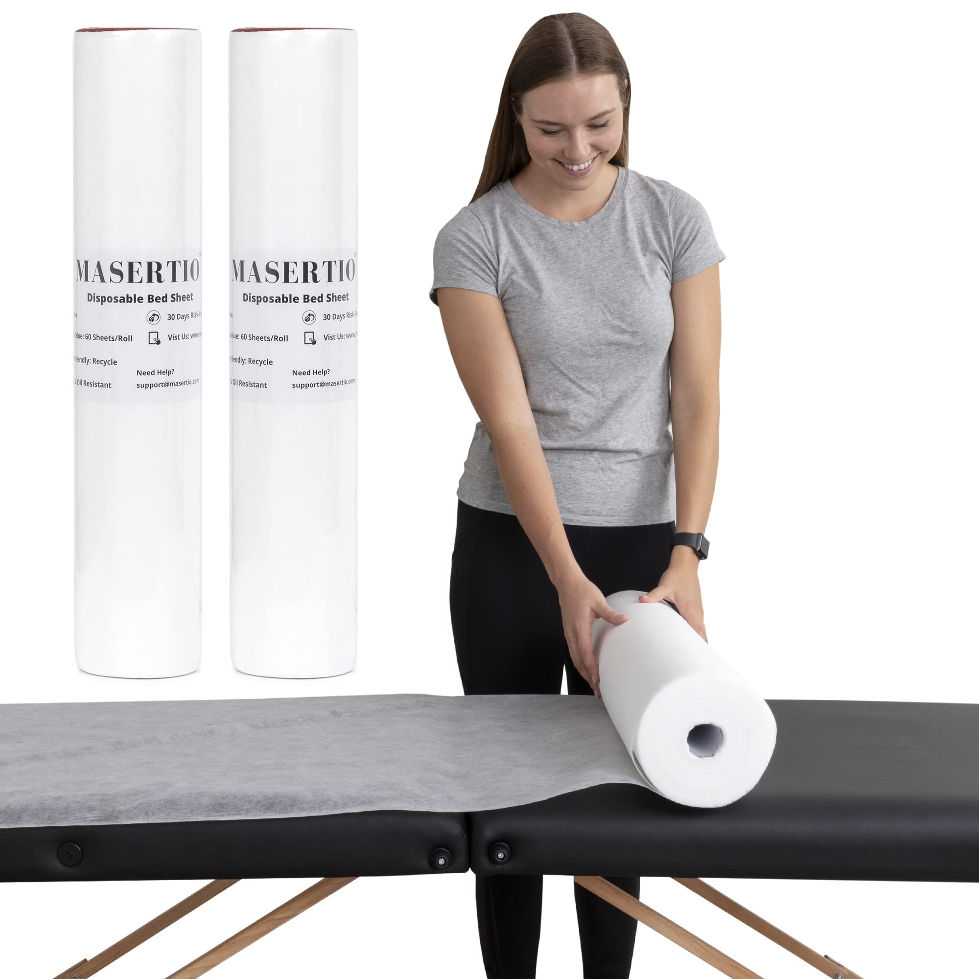 Masertio disposable massage bed cover roll shown in a spa setup for quick hygiene protection