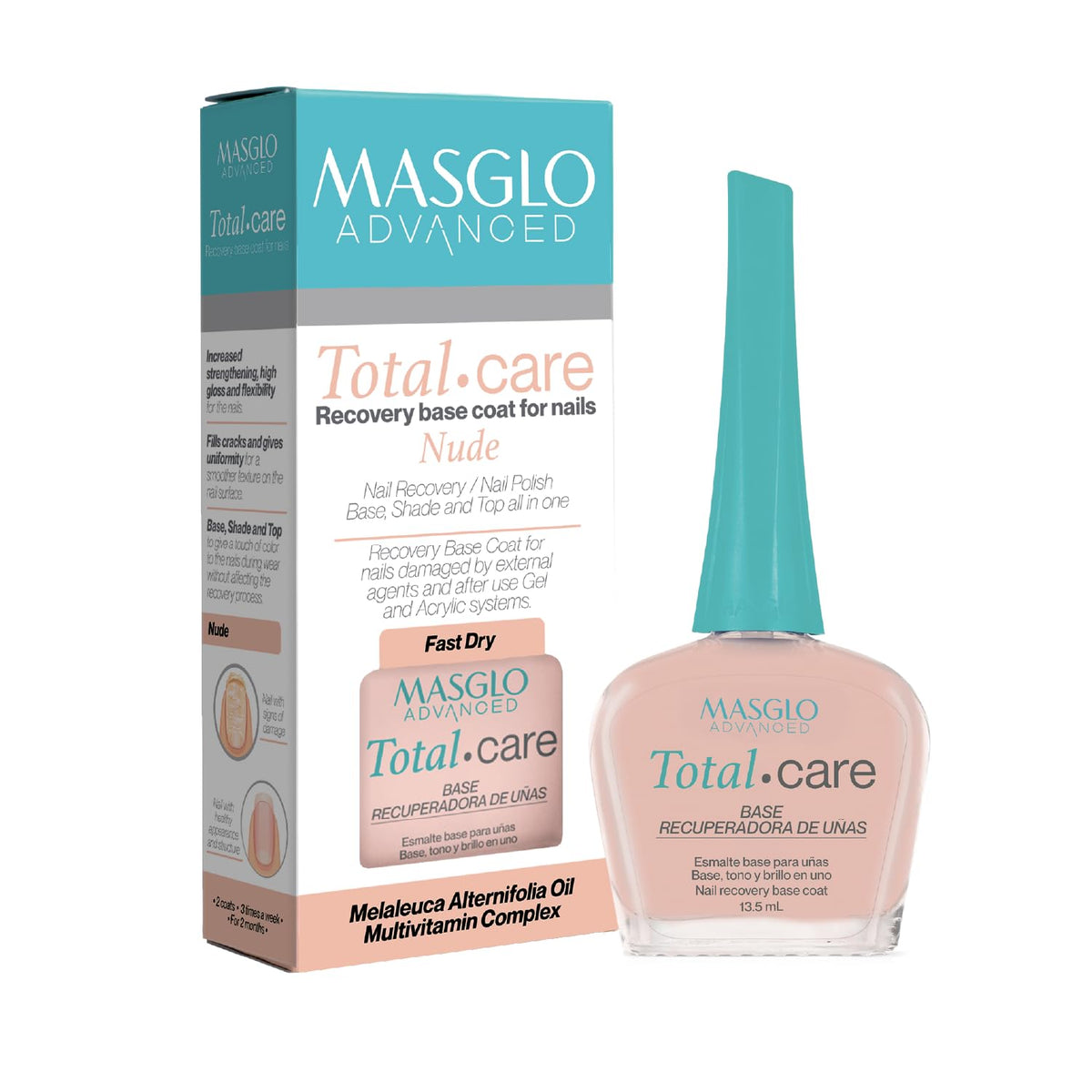 MASGLO Advanced Base bottle closeup shows fast-drying protection for healthier nails.