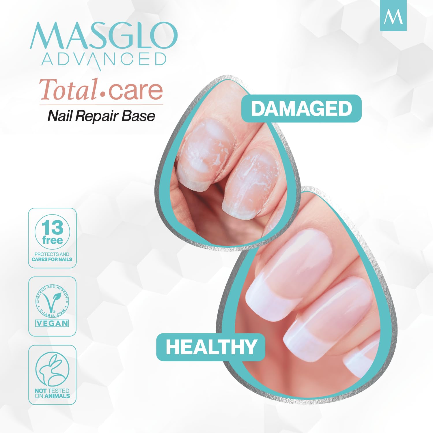 MASGLO Advanced Base nude shade closeup demonstrates natural coverage with strengthening benefits.