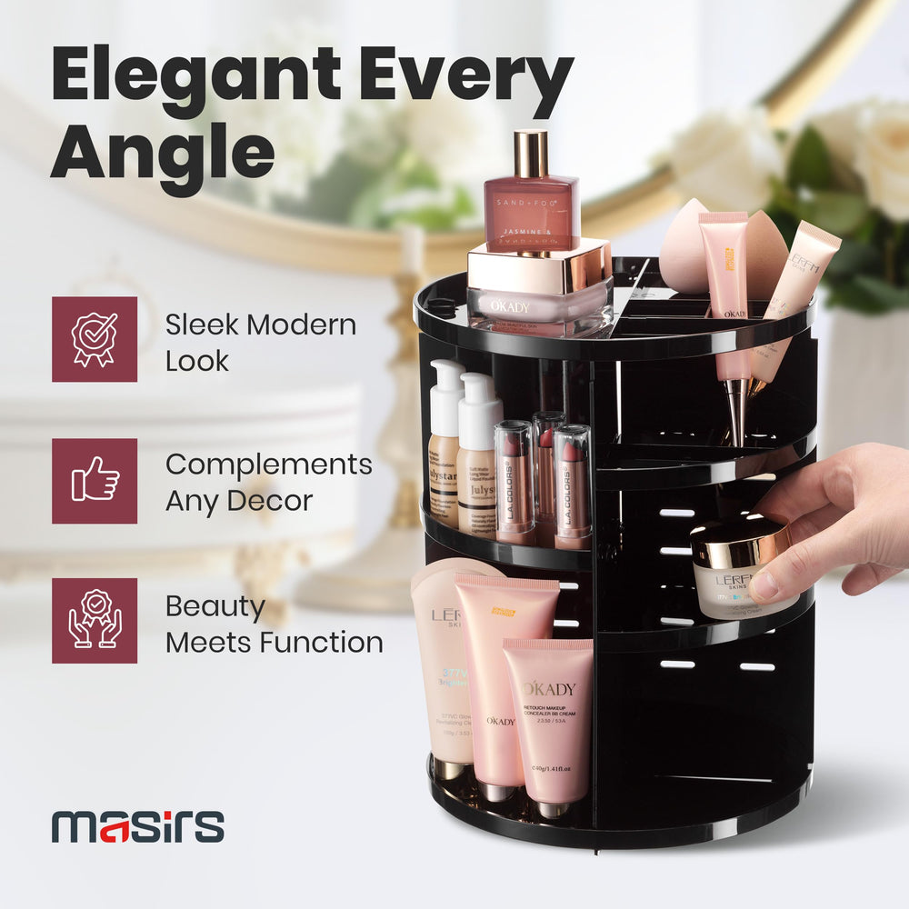 Masirs clean modern black aesthetic complements bedroom décor while providing practical beauty organization.