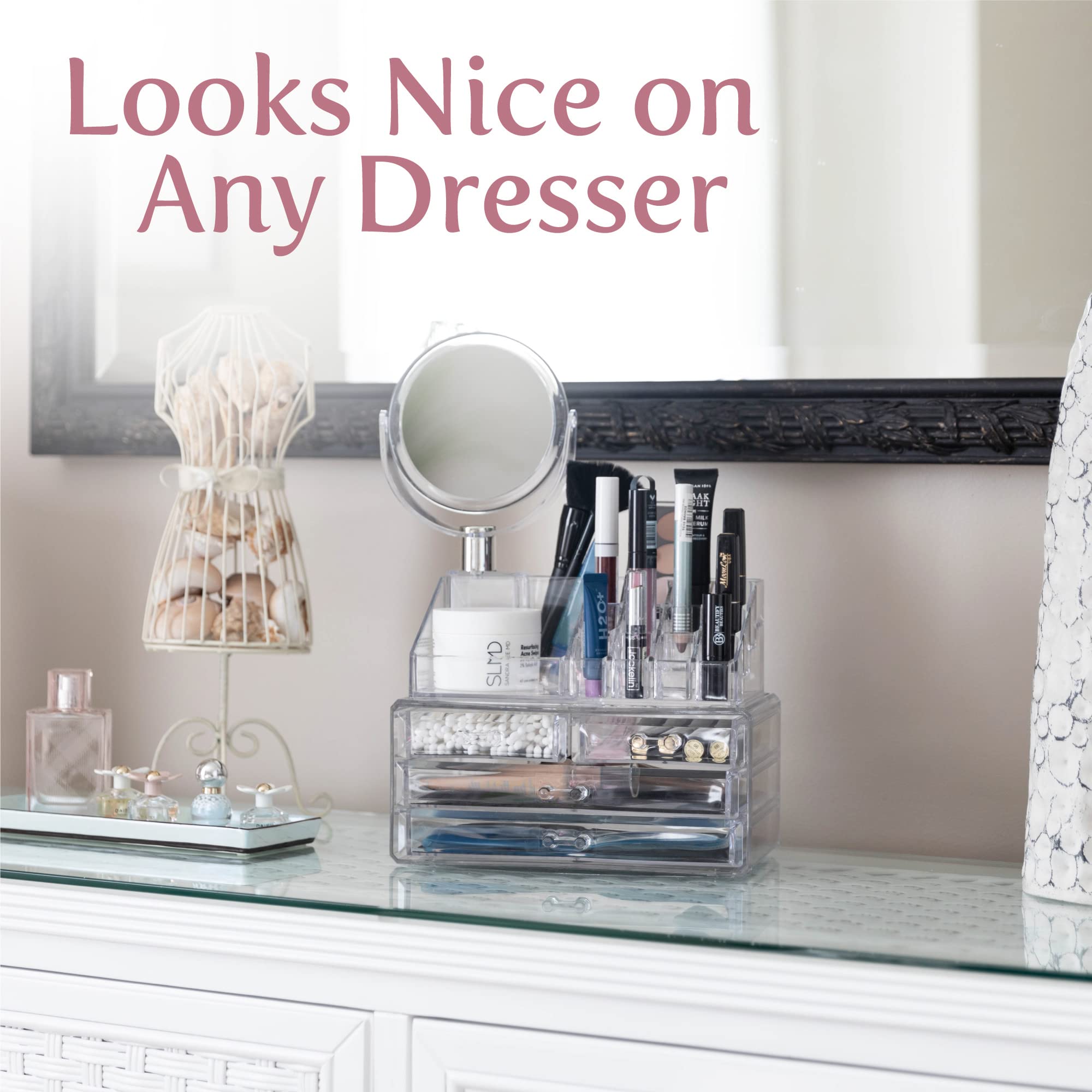 Masirs clear acrylic vanity organization illustrates transparent access to cosmetics.