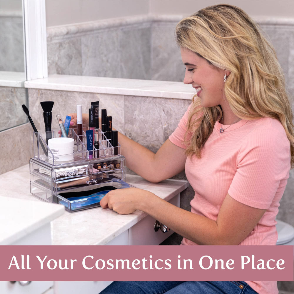 Masirs clear makeup organizer with four drawers offers easy access to cosmetics and jewelry