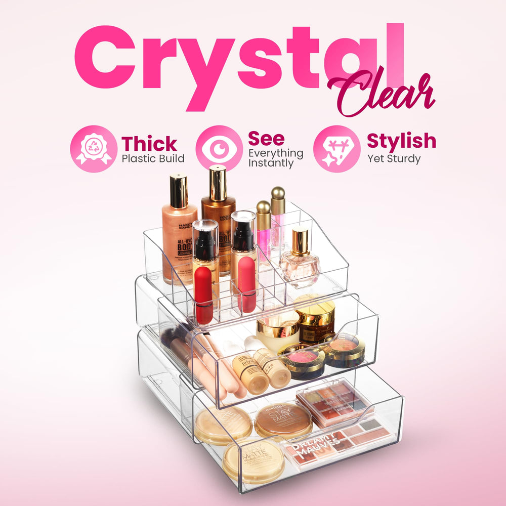 Masirs Clear Makeup Organizer drawer open reveals organized slots for cosmetics and jewelry.