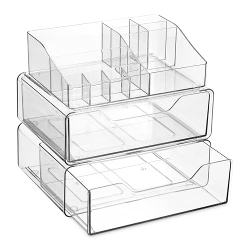 Masirs Clear Makeup Organizer front view highlights roomy compartments for quick makeup access.