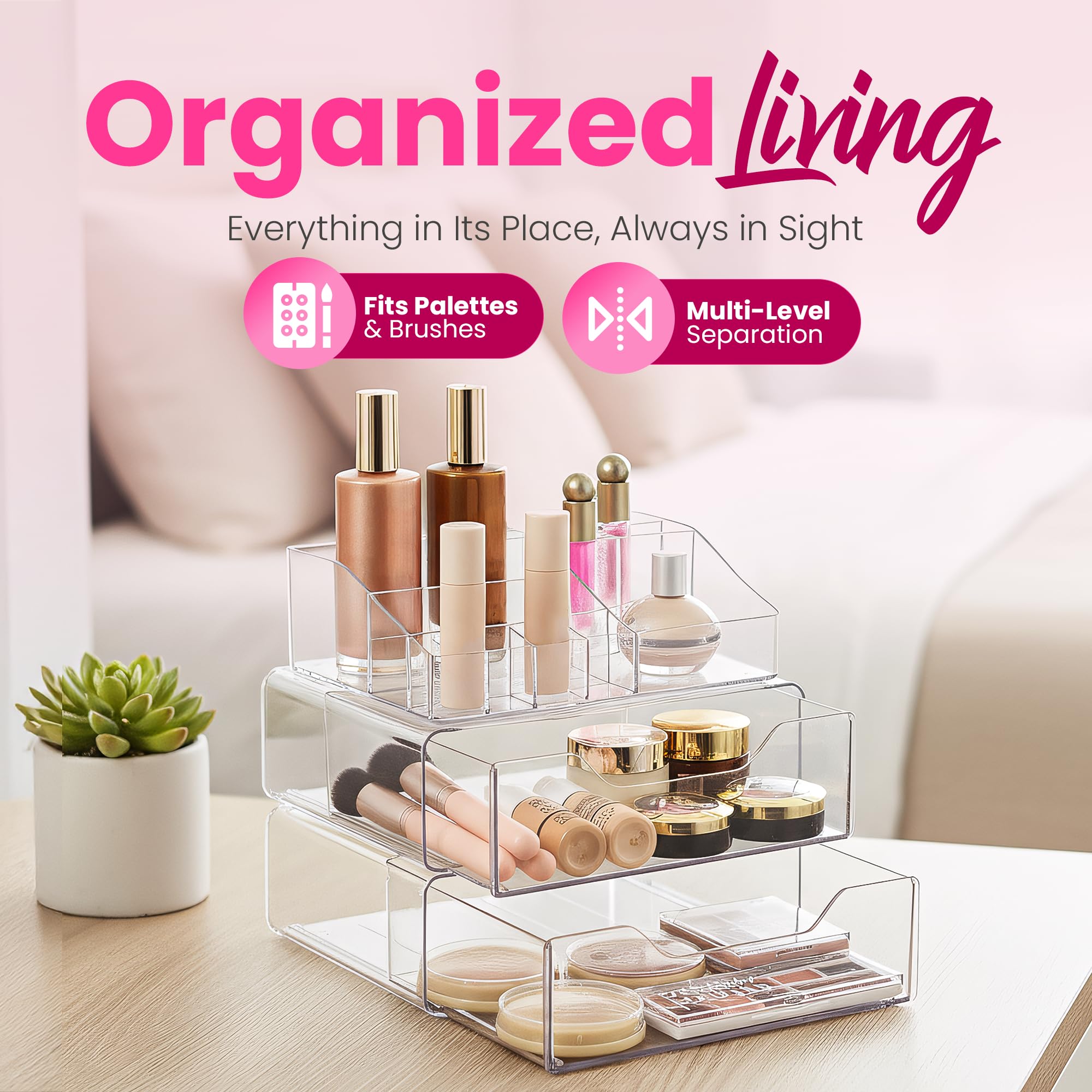 Masirs Clear Makeup Organizer jewelry compartments show designated spots for accessories.