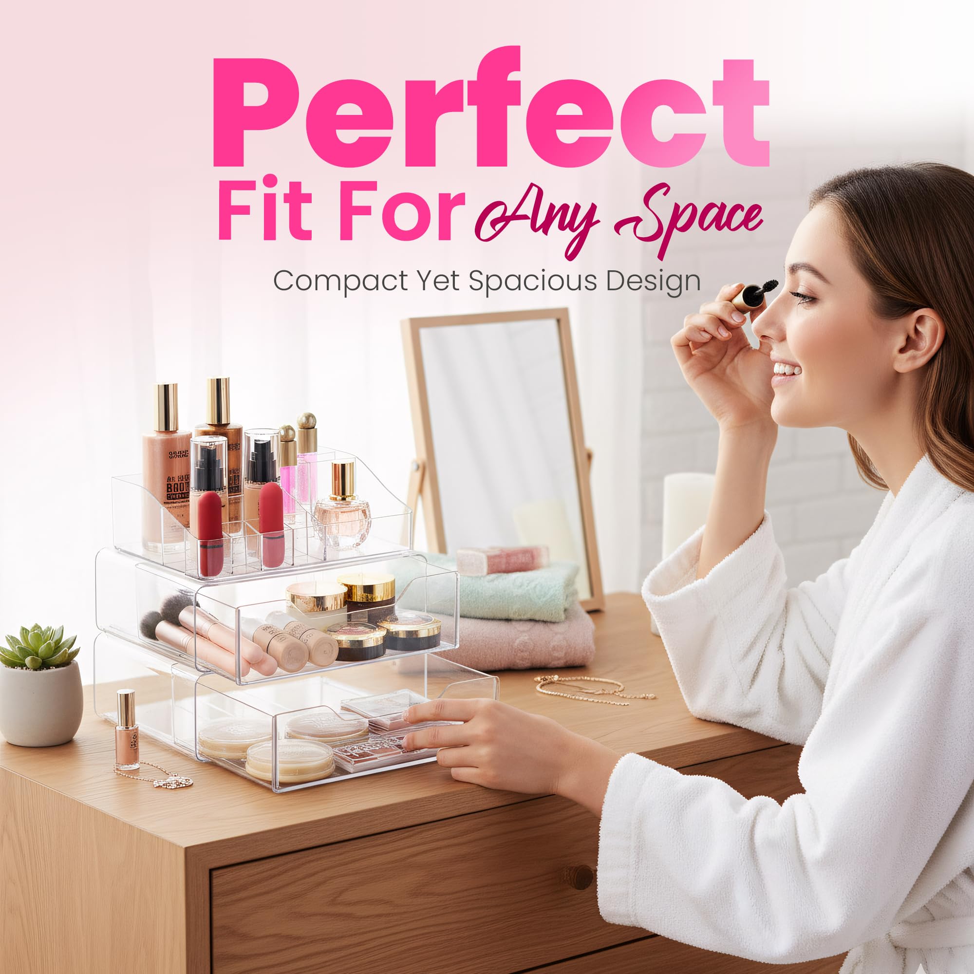 Masirs Clear Makeup Organizer side view illustrates slim profile for small desks.