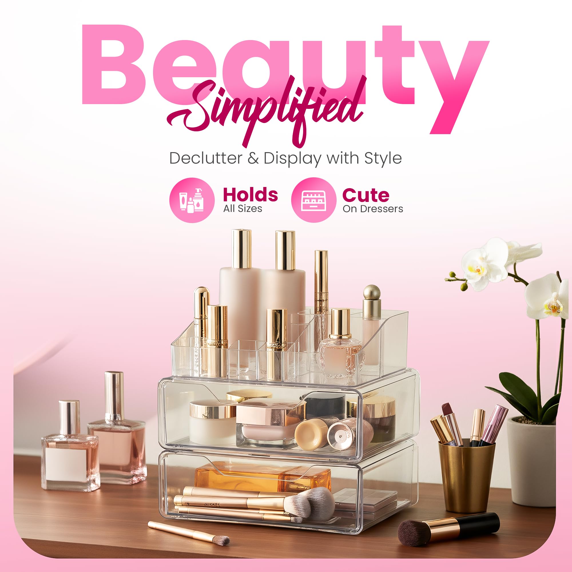 Masirs Clear Makeup Organizer stackable design demonstrates adaptable storage for growing collection.