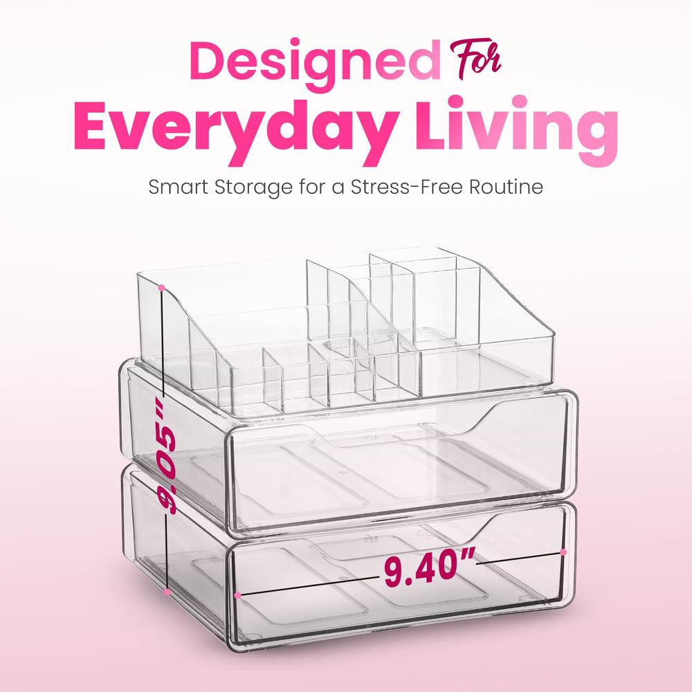 Masirs Clear Makeup Organizer top view demonstrates modular design for flexible stacking.