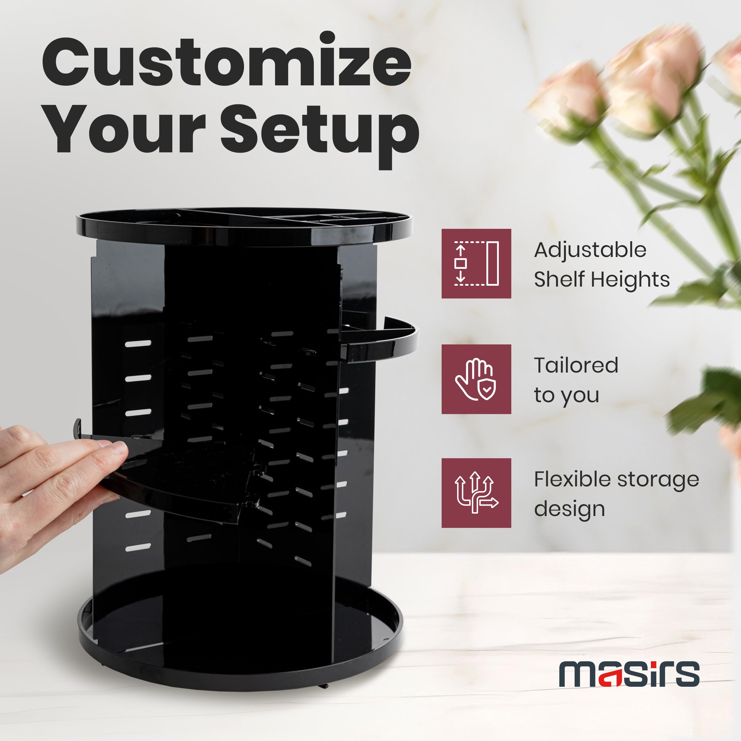 Masirs lazy-susan bottom makeup storage enables full 360-degree rotation for easy item retrieval.