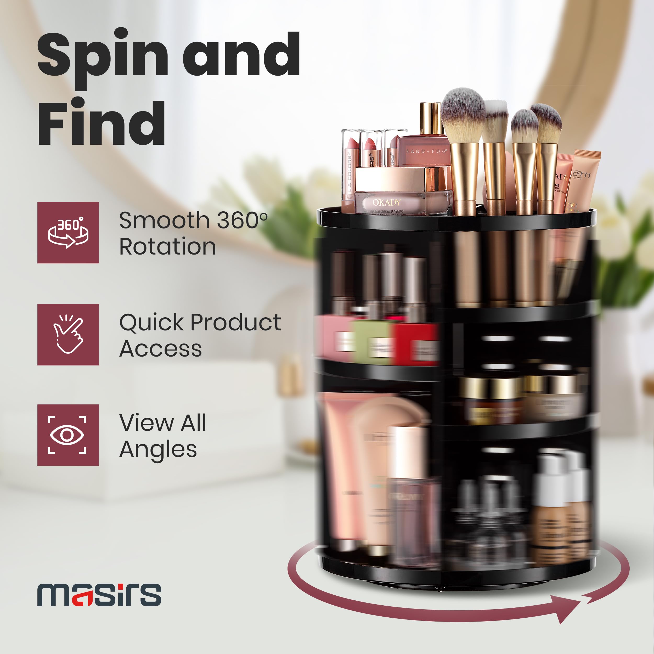 Masirs sturdy durable makeup organizer supports heavy products while keeping cosmetics organized.