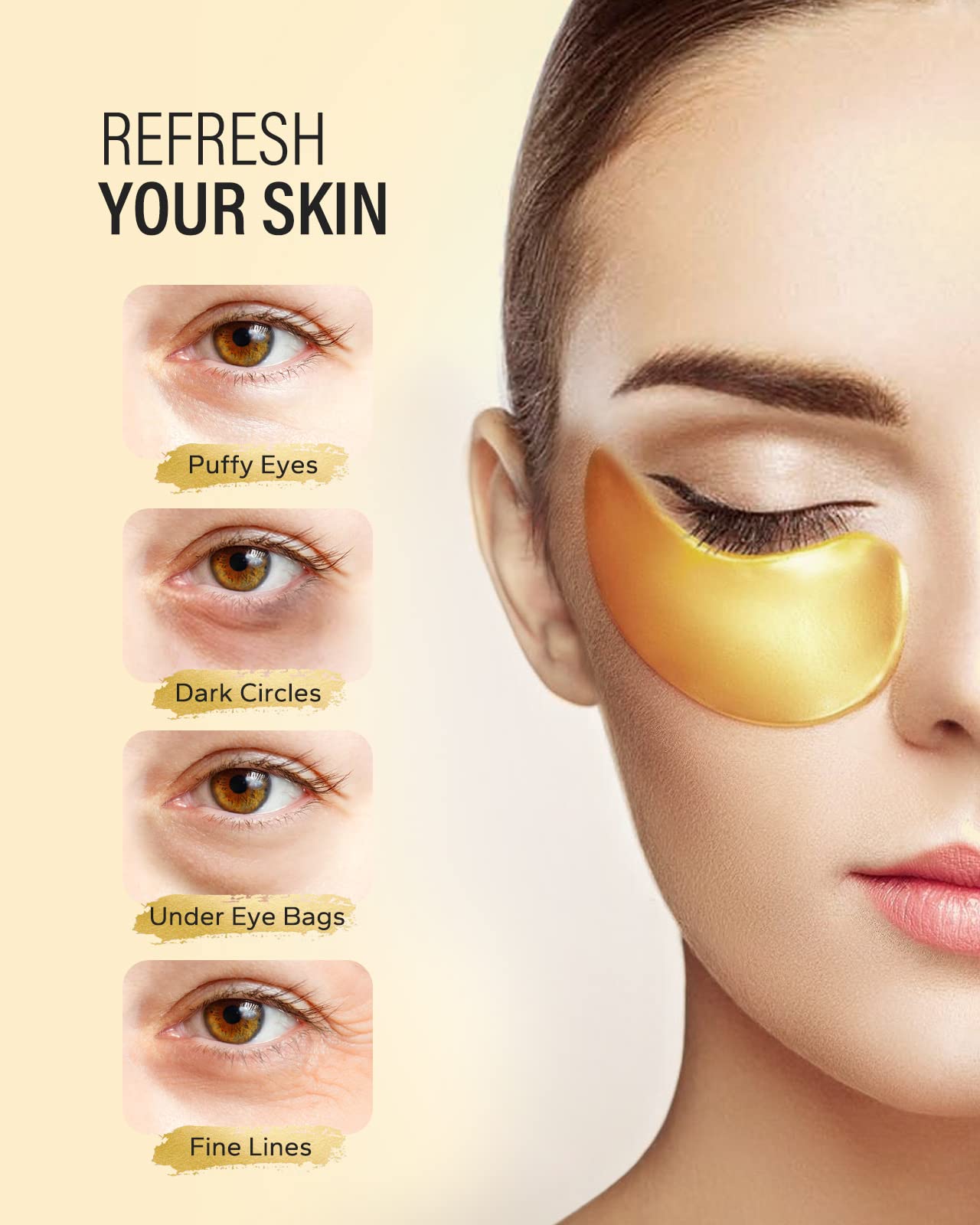Maskiss 24k gold under-eye patches application scene showing soothing, refreshing effect.