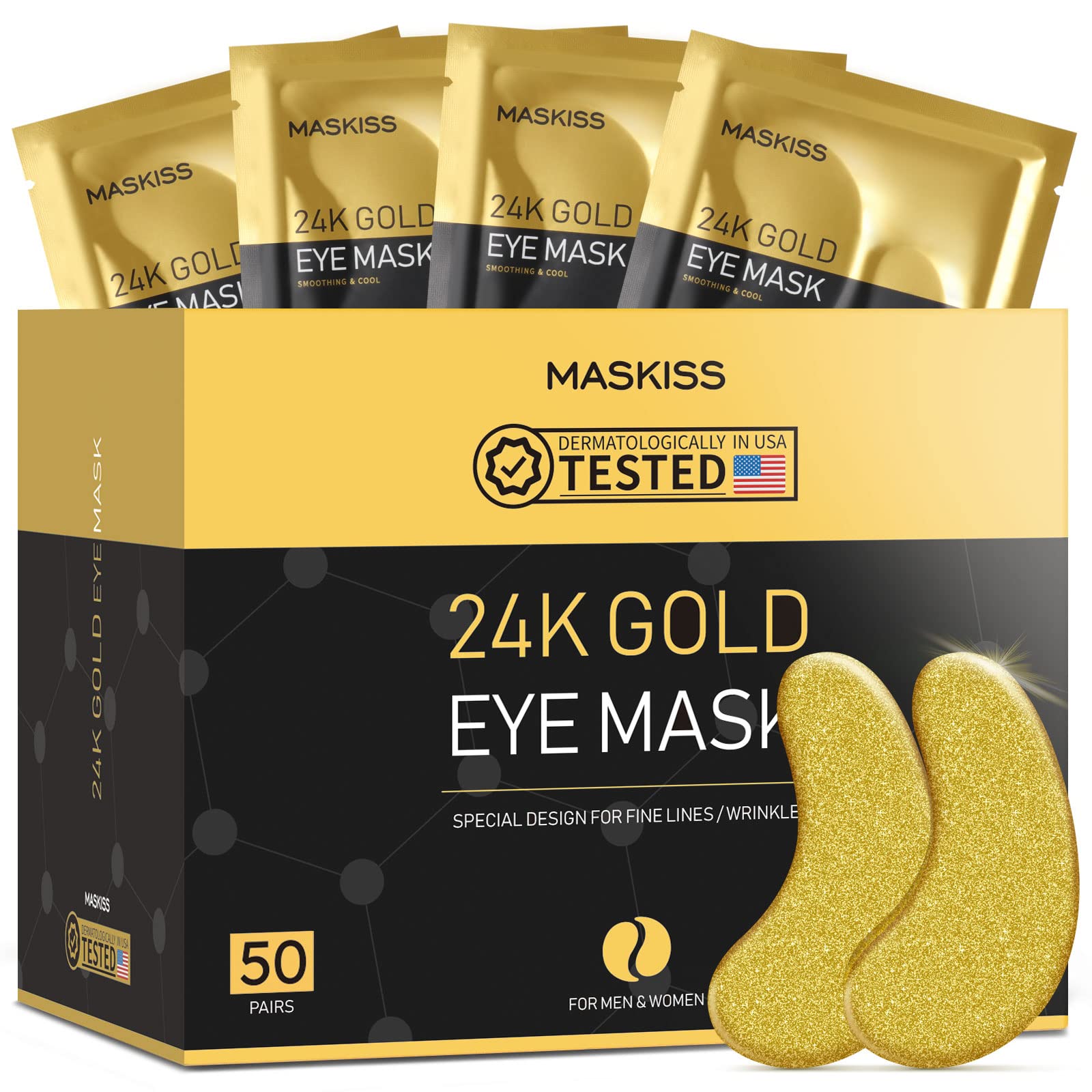 Maskiss 24k gold under-eye patches in a close-up pack for anti-aging hydration.