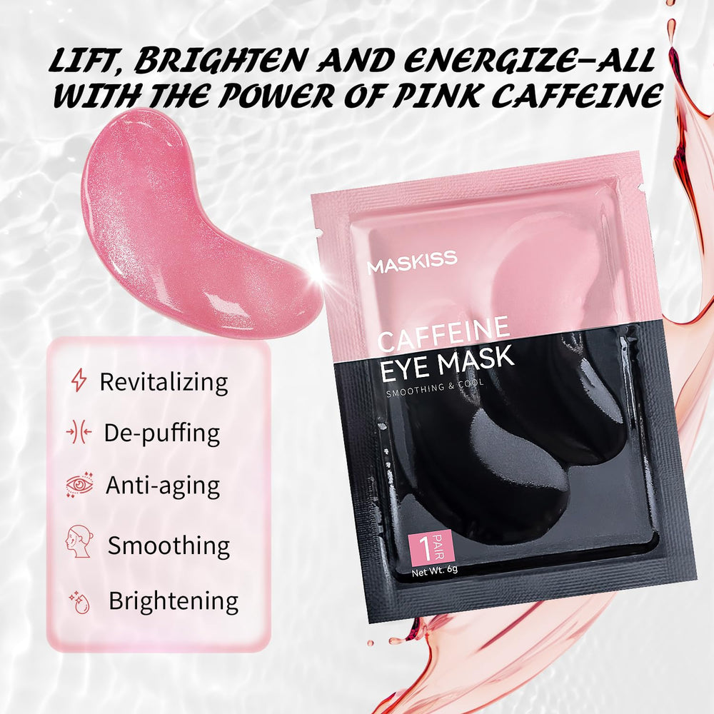 Maskiss caffeine eye patches on display highlighting energizing care for puffy eyes.