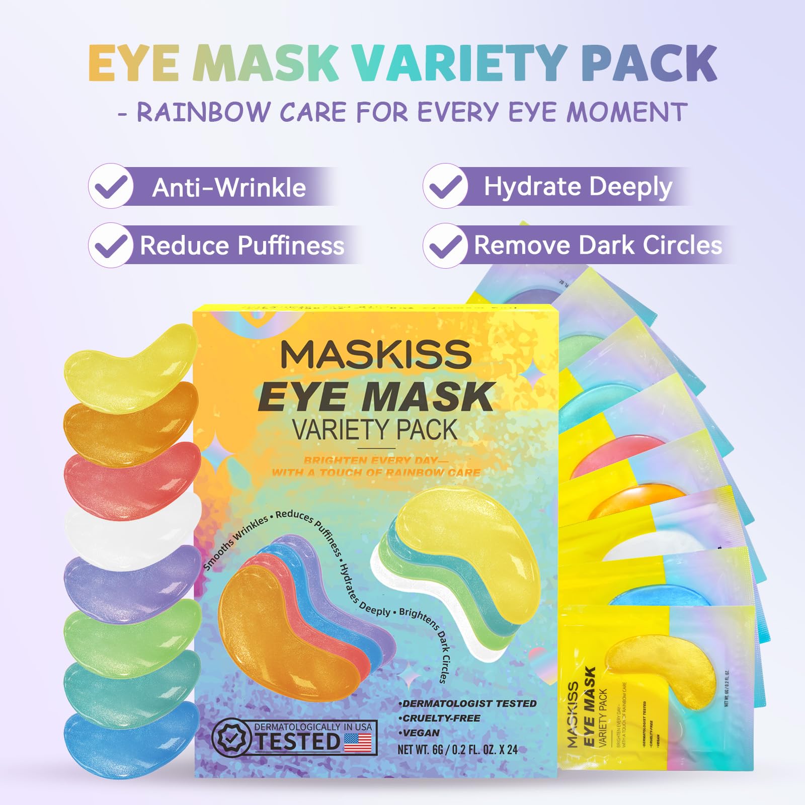 Maskiss under eye patches color close-up highlights formulas for brightening and hydration.