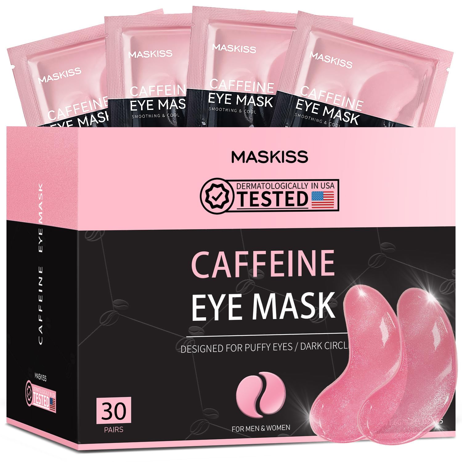 Maskiss under eye patches jar close-up showing hydration and collagen boost.