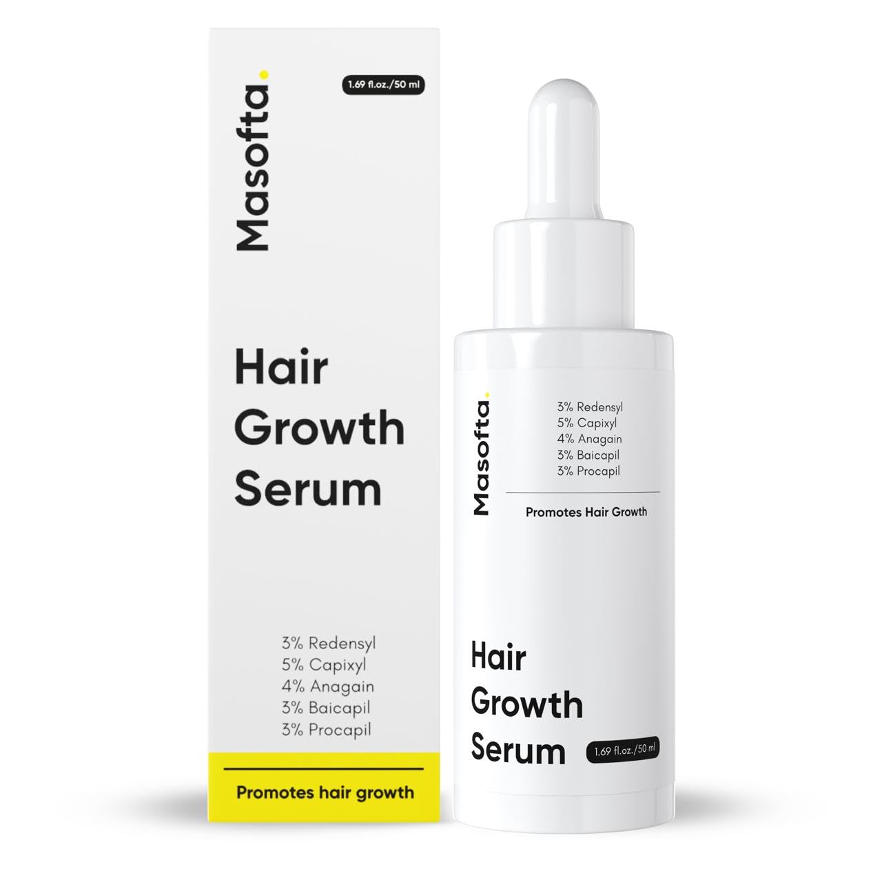 Masofta Hair Growth Serum bottle front showing premium formula for fuller-looking hair