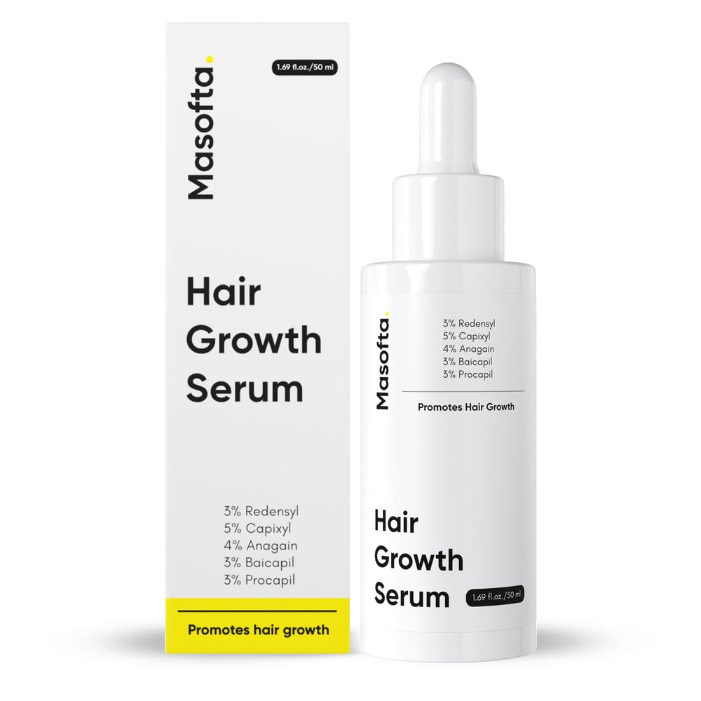 Masofta Hair Growth Serum bottle front showing premium formula for fuller-looking hair