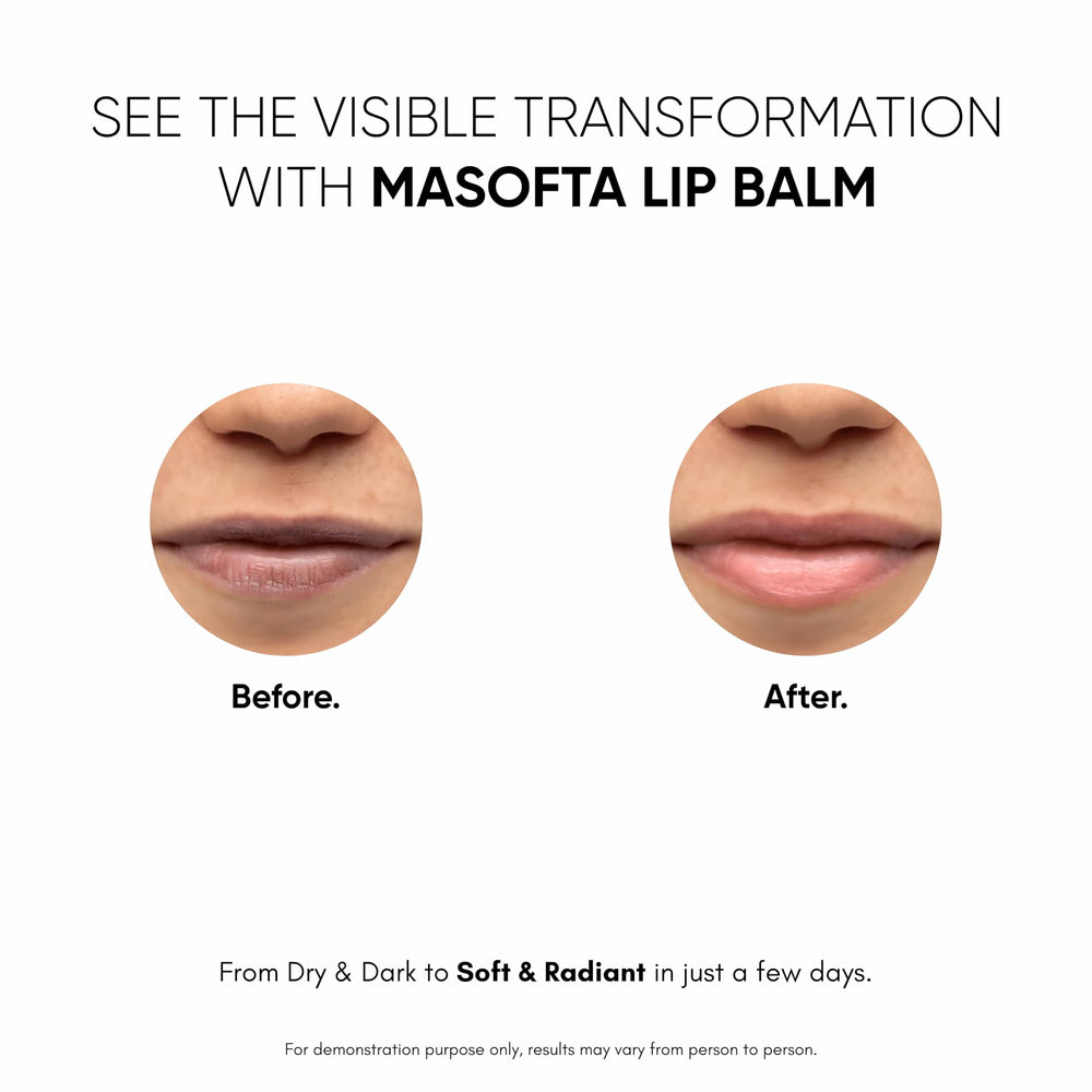 Masofta lip balm packaging-closeup shows compact, travel-friendly tube.