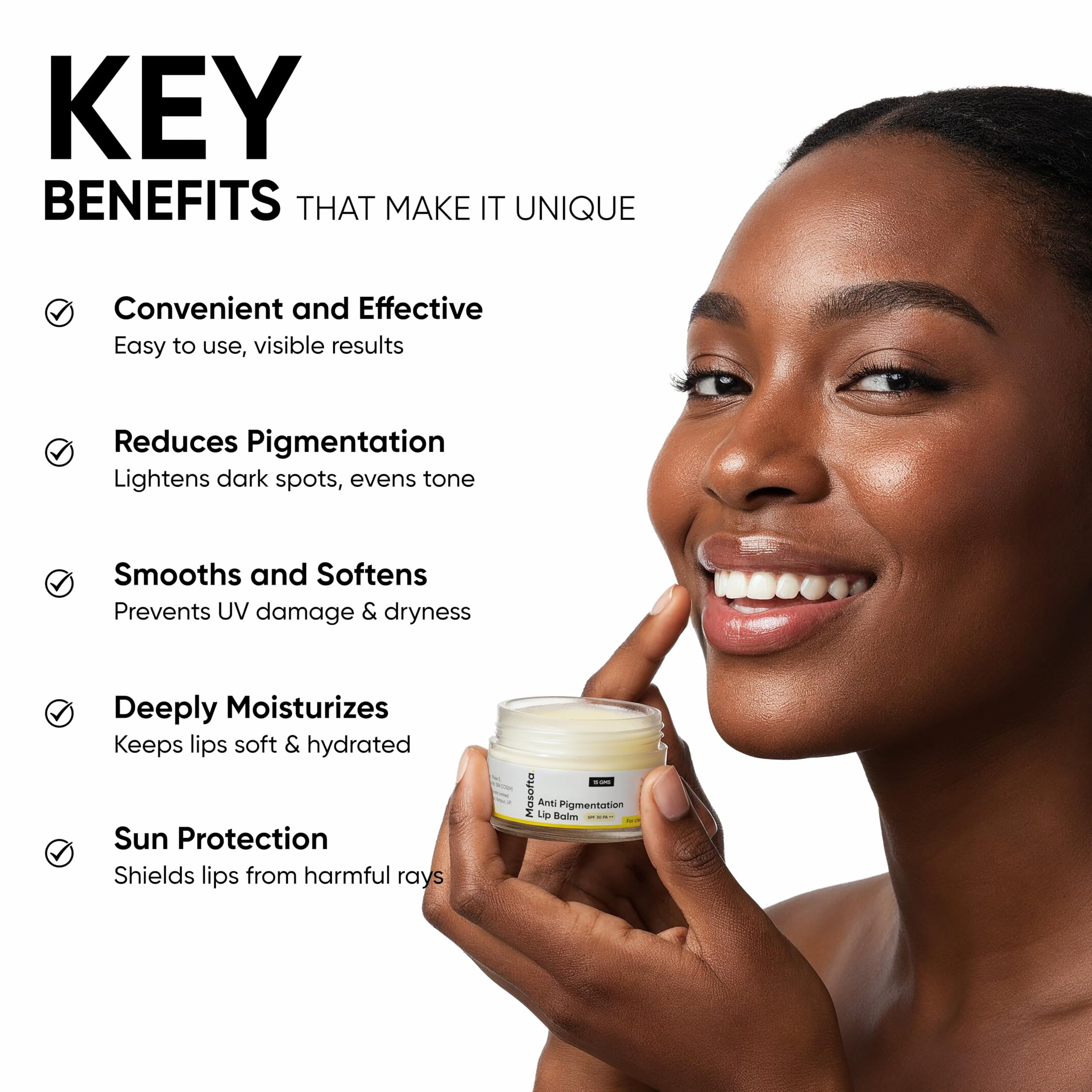 Masofta lip balm pigmentation-reduction close-up hints at smoother lip color.