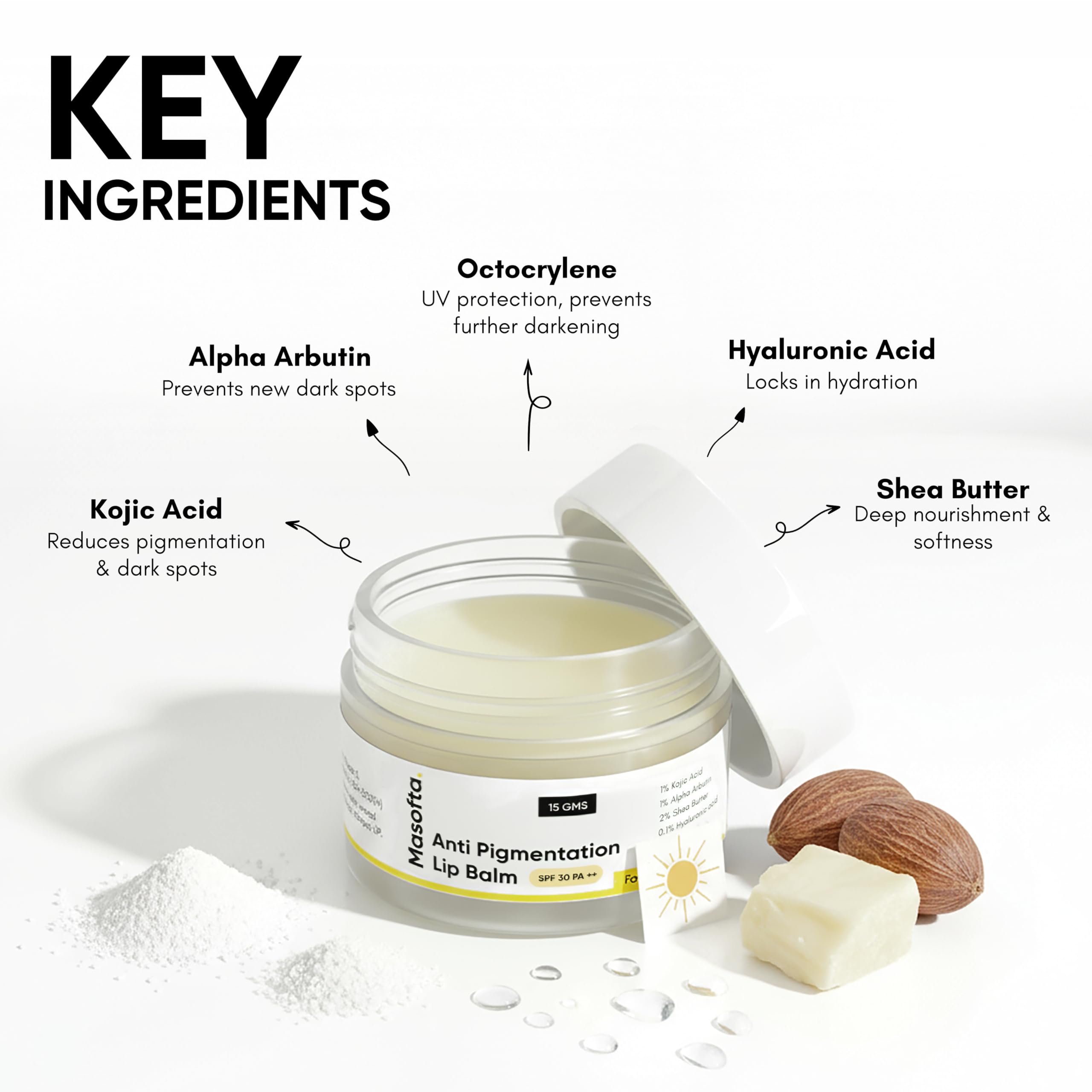 Masofta lip balm shea-butter-hyaluronic hydration swatch delivers lasting moisture.