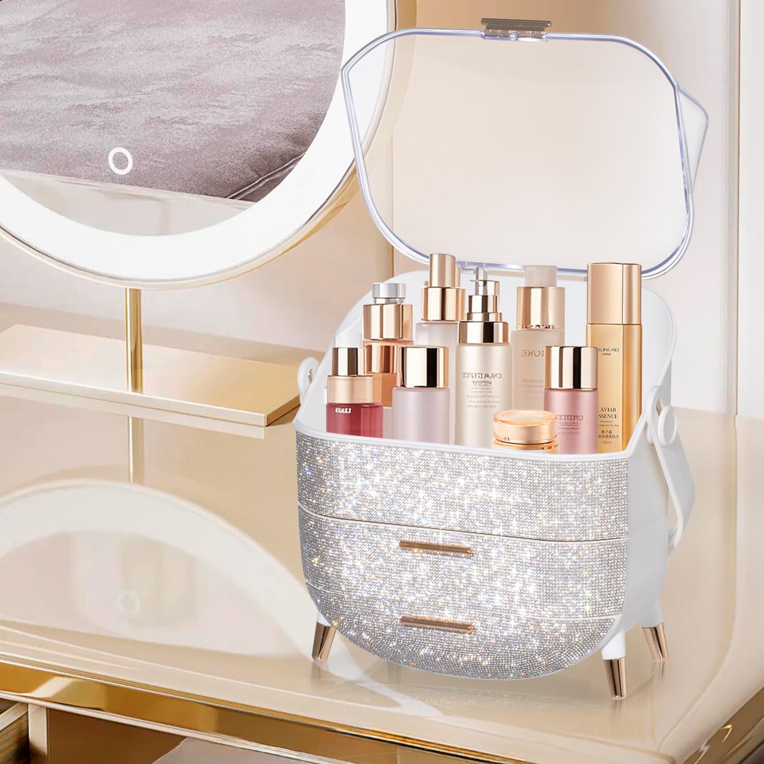 MASSY egg shape makeup box belt handle enables easy relocation for cleaning or travel.