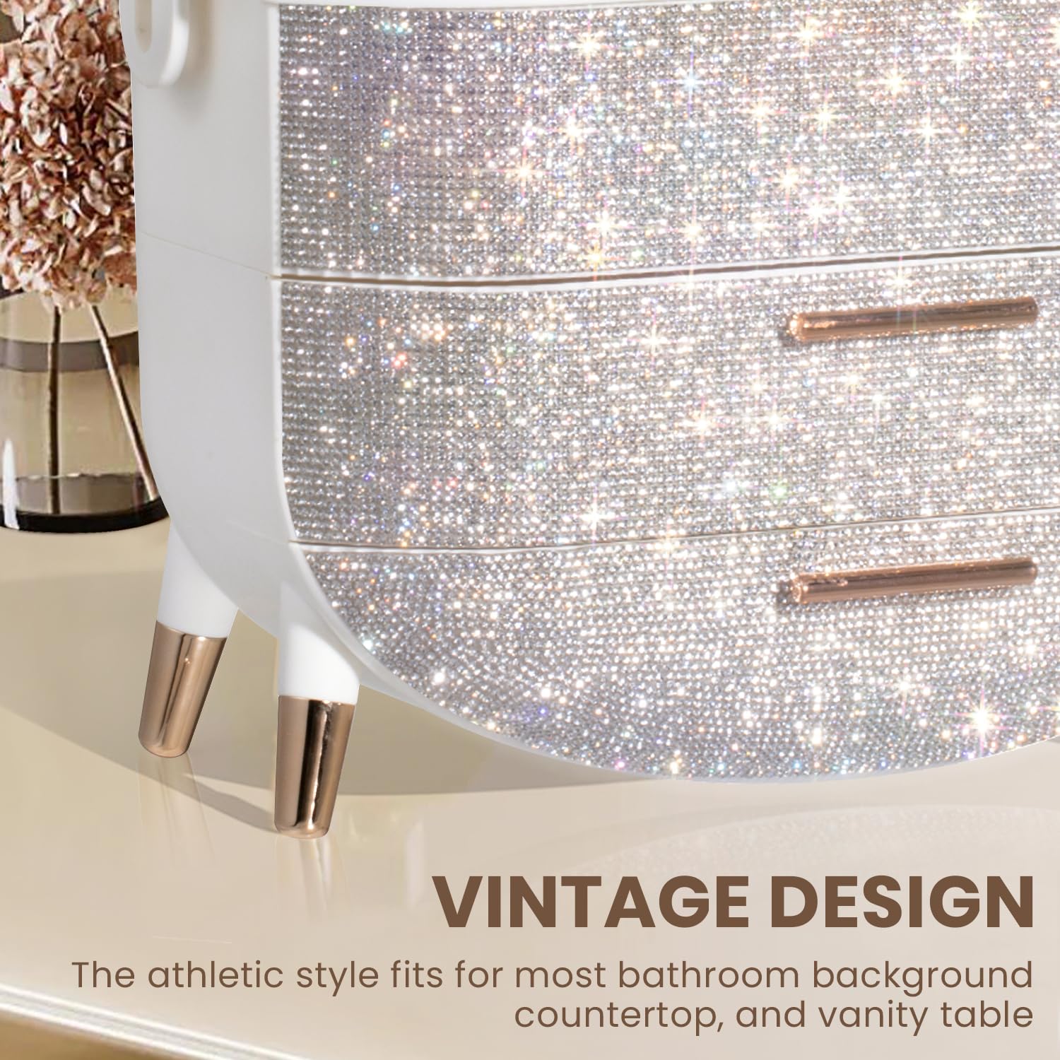 MASSY egg shape makeup box on vanity creates a chic, decorative display.