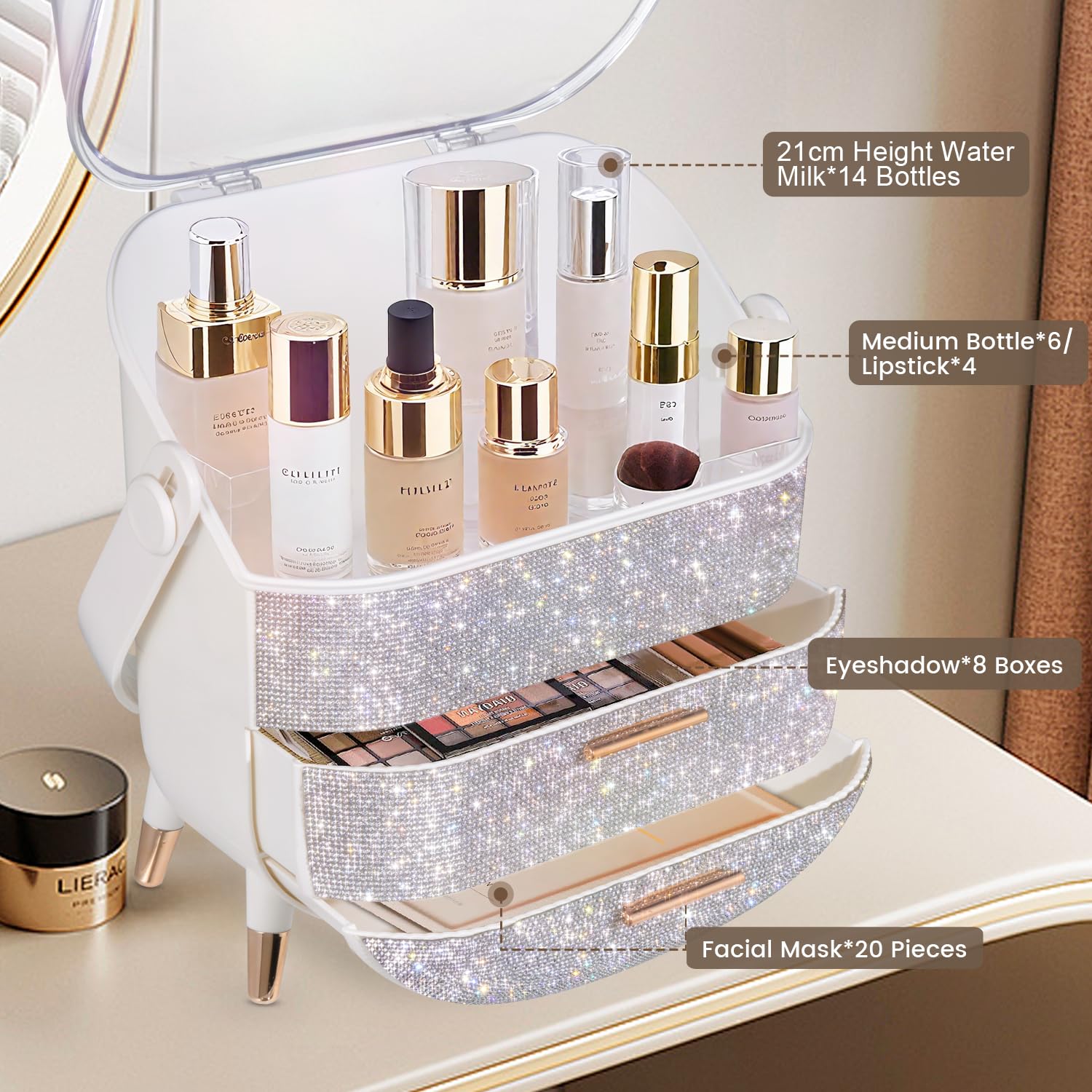MASSY egg shape makeup box rhinestone white finish adds elegance to your vanity setup.