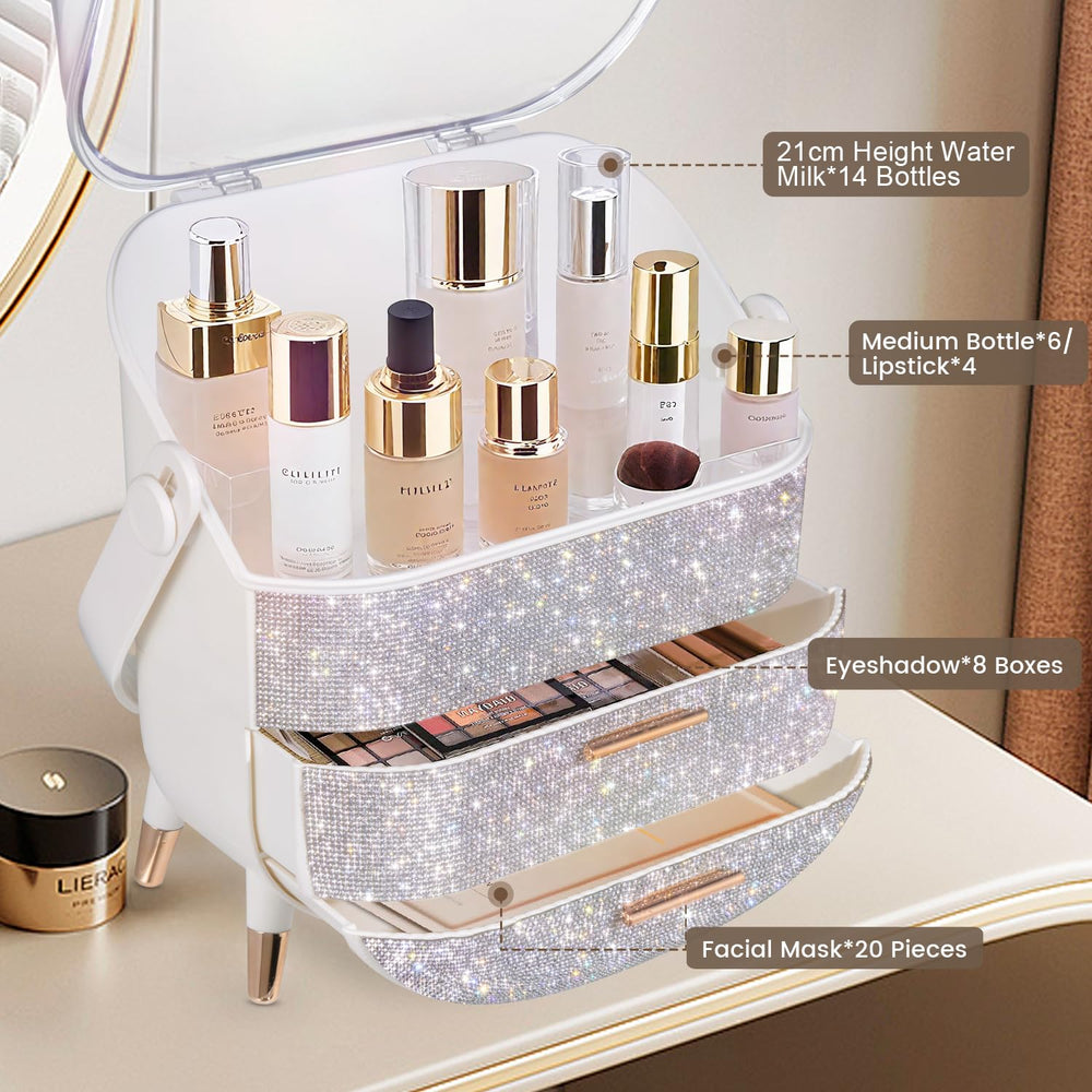 MASSY egg shape makeup box rhinestone white finish adds elegance to your vanity setup.