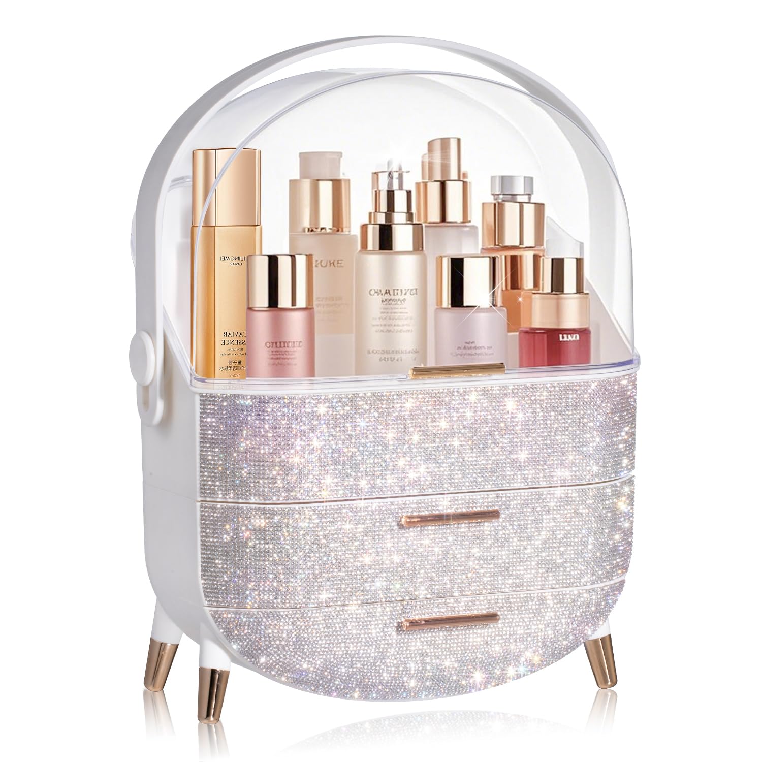 MASSY egg shape makeup box top compartment keeps tall bottles neatly organized for easy access.