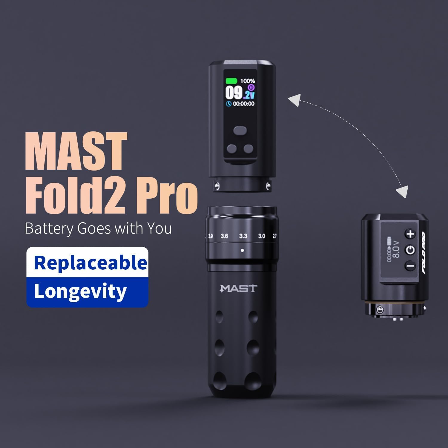 MAST TATTOO Fold2 Pro 2000mAh battery powers long sessions.