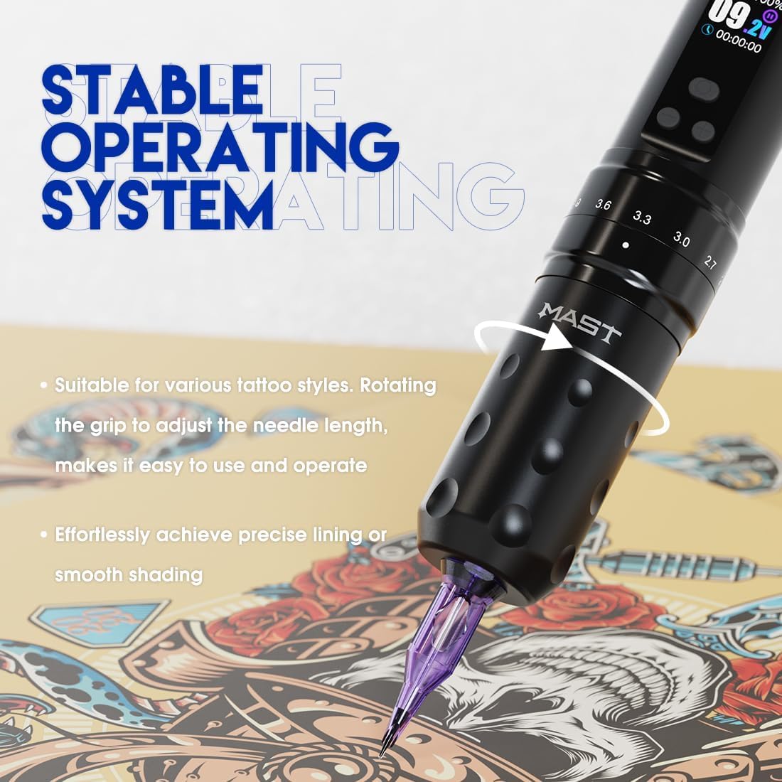 MAST TATTOO Fold2 Pro ergonomic 32mm grip for comfortable control.