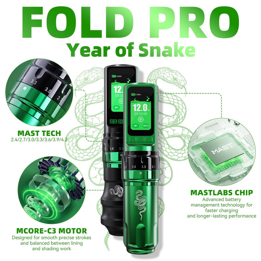 MAST TATTOO Fold Pro Year of Snake battery compartment side view with two 3000mAh cells for extended sessions.